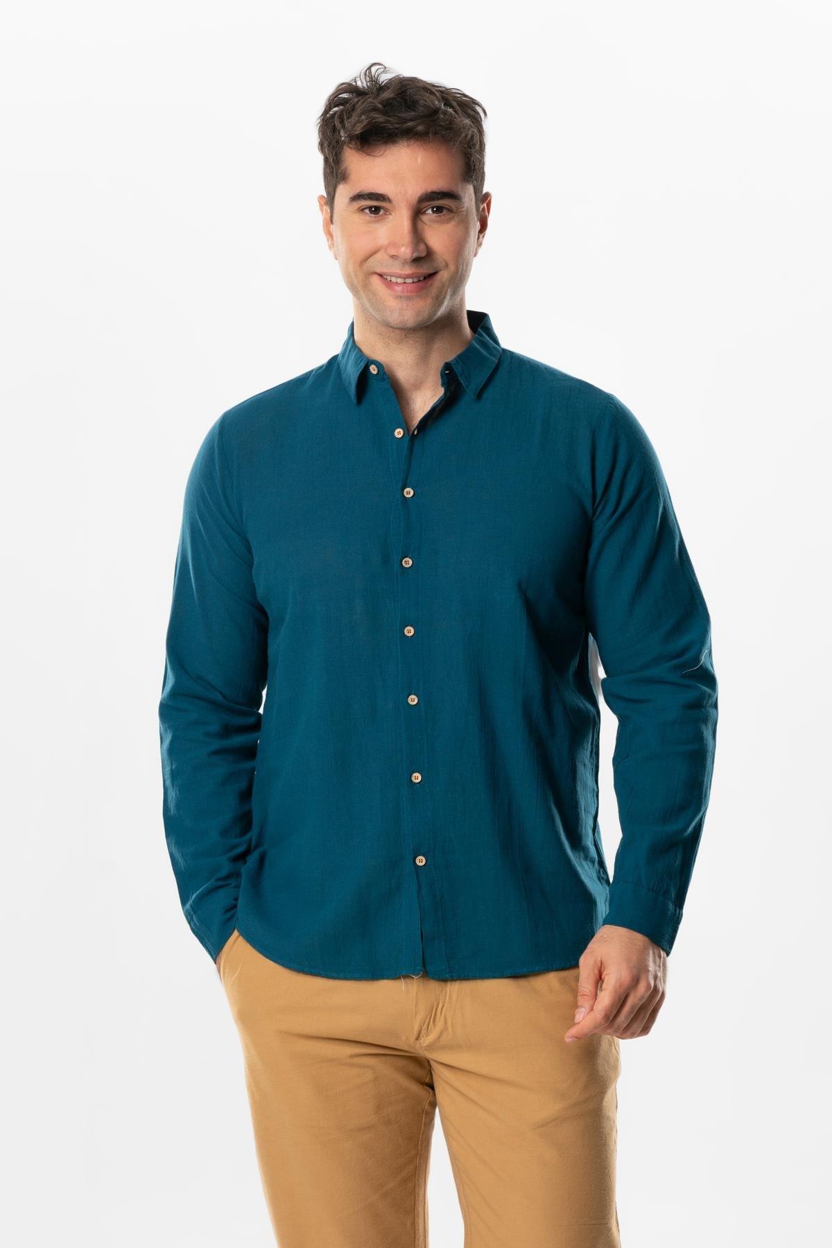 Uzun Kol Poplin Akdeniz Erkek Yazlık Gömlek Petrol Ptrl