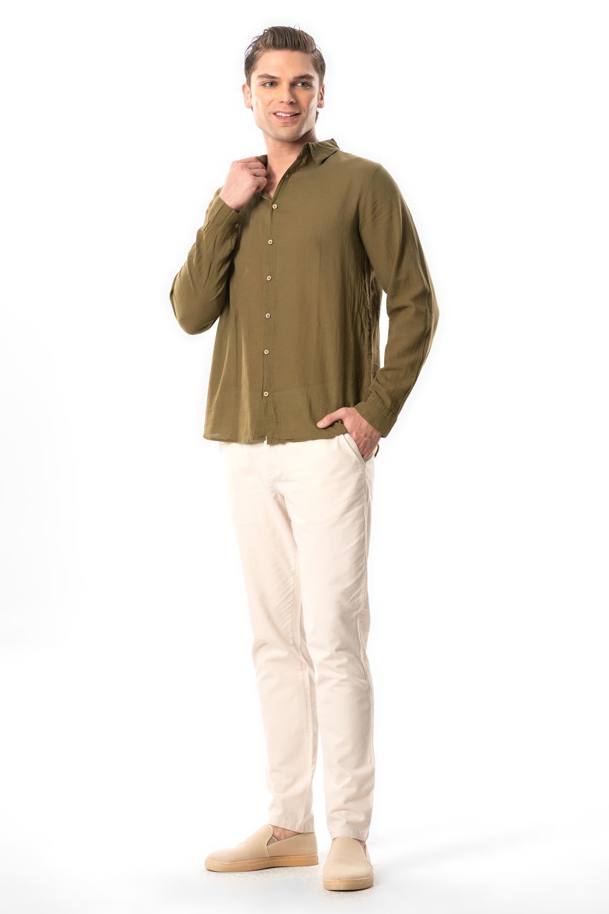 Uzun Kol Poplin Akdeniz Erkek Yazlık Gömlek Haki Hk