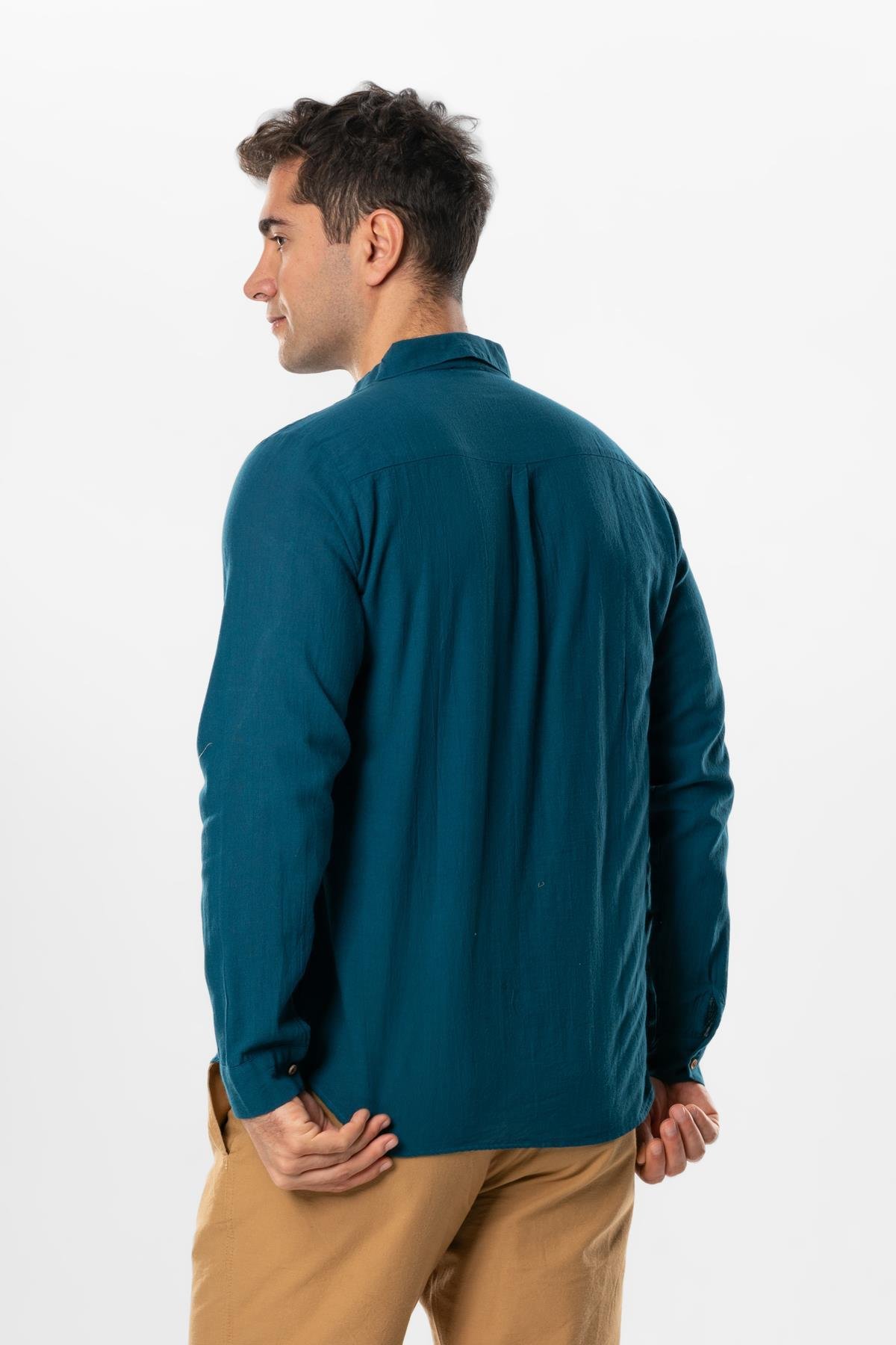 Uzun Kol Poplin Akdeniz Erkek Yazlık Gömlek Petrol Ptrl