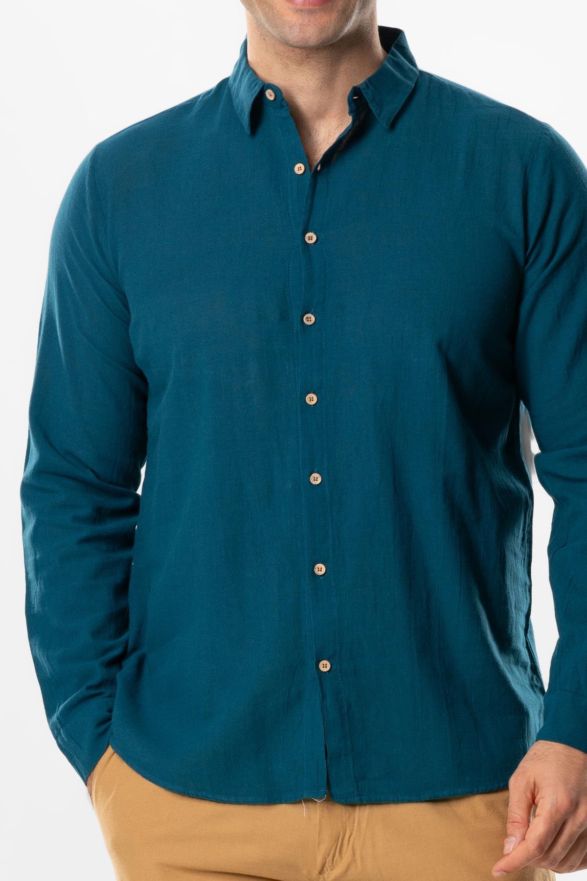 Uzun Kol Poplin Akdeniz Erkek Yazlık Gömlek Petrol Ptrl