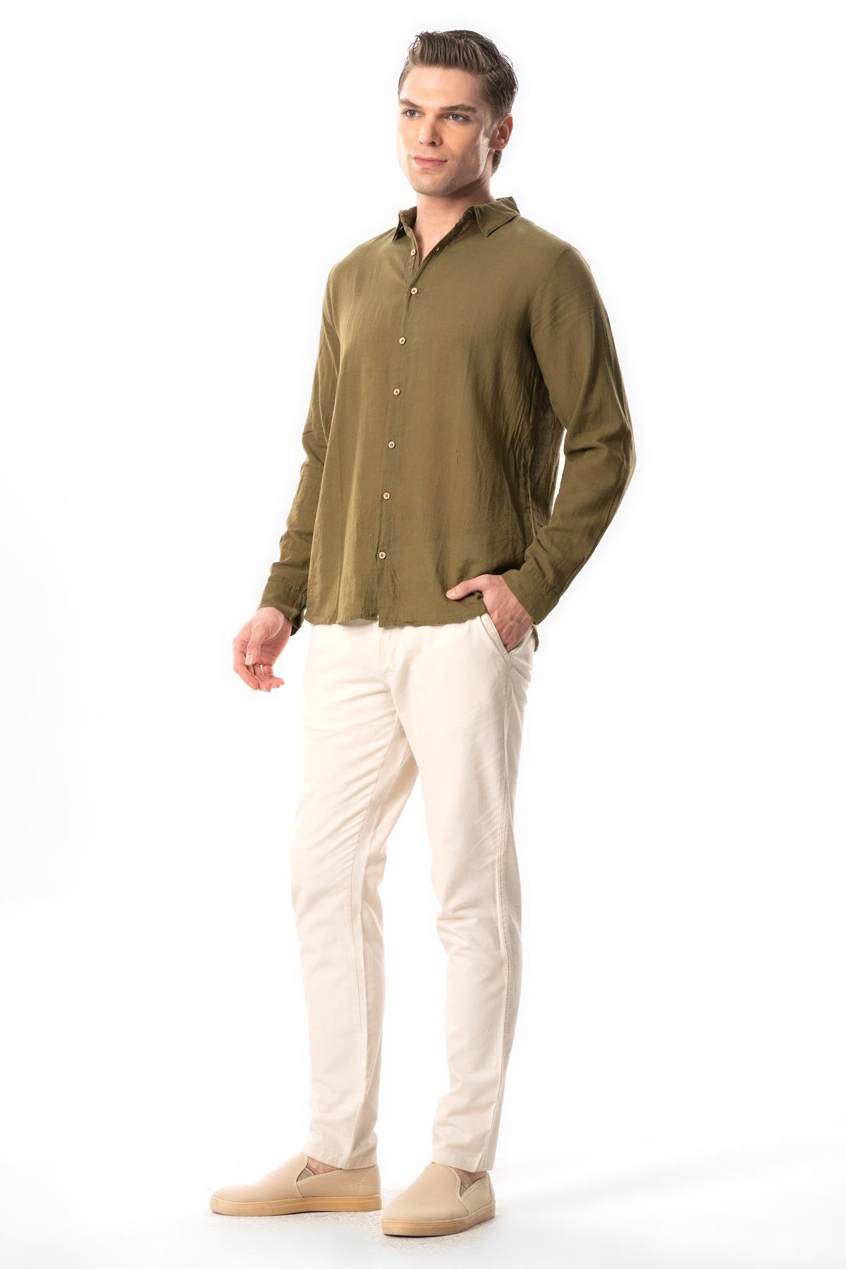 Uzun Kol Poplin Akdeniz Erkek Yazlık Gömlek Haki Hk