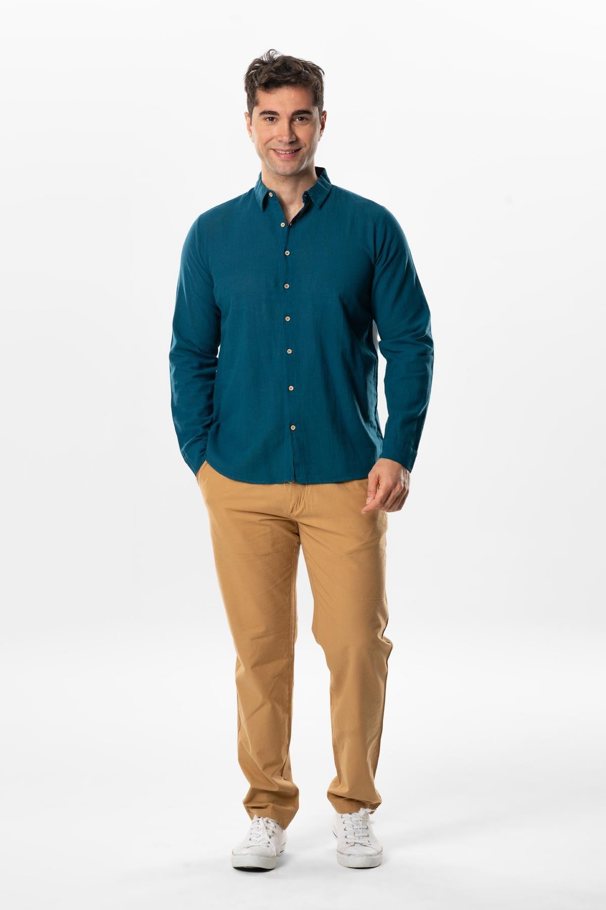 Uzun Kol Poplin Akdeniz Erkek Yazlık Gömlek Petrol Ptrl