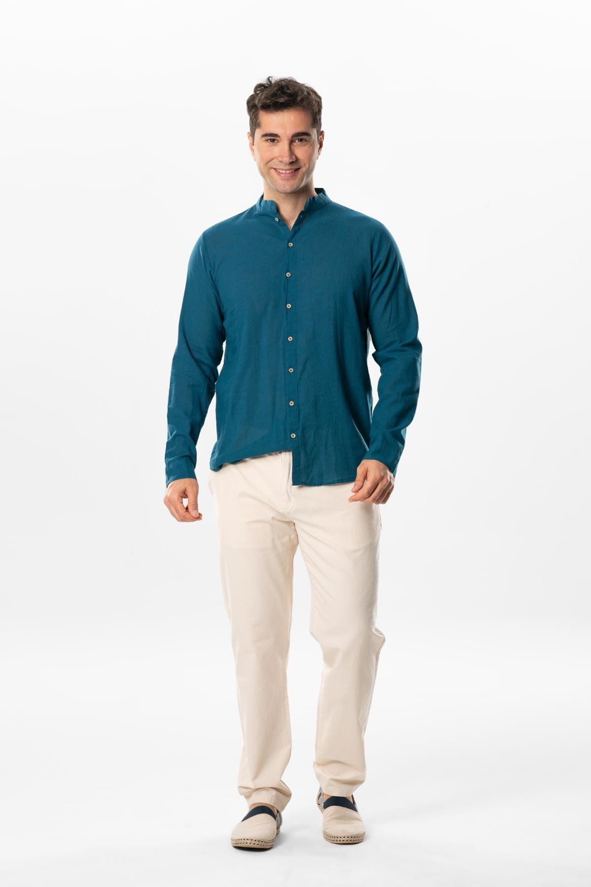 Uzun Kol Poplin Ege Erkek Yazlık Gömlek Petrol Ptrl