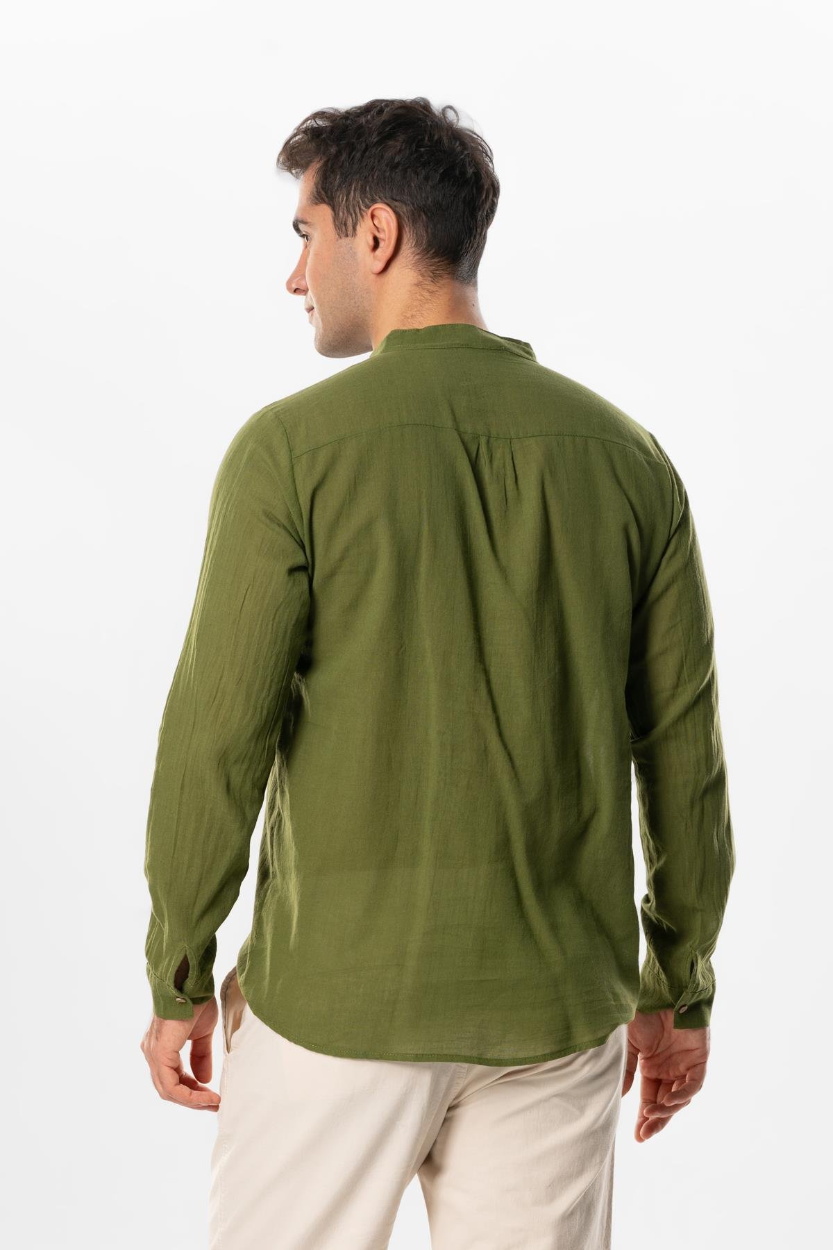 Uzun Kol Poplin Ege Erkek Yazlık Gömlek Haki Hk