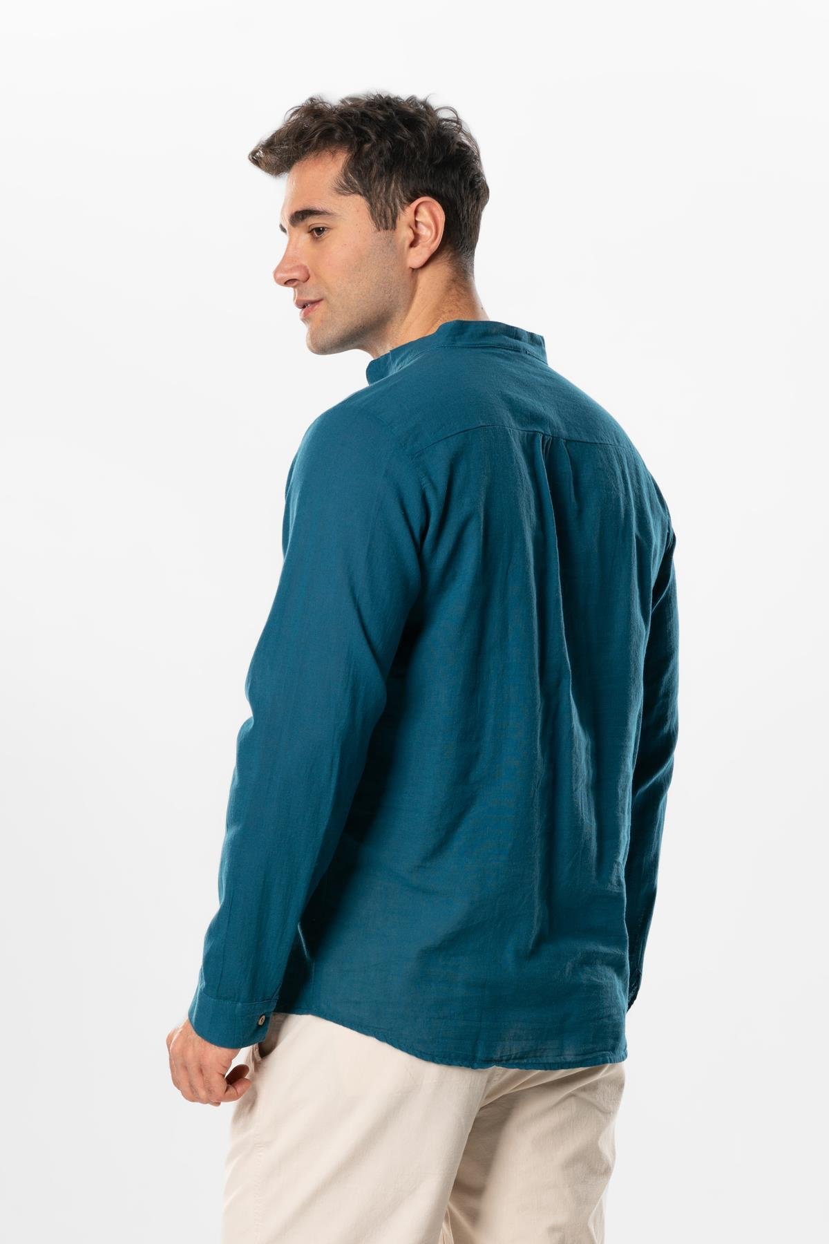 Uzun Kol Poplin Ege Erkek Yazlık Gömlek Petrol Ptrl