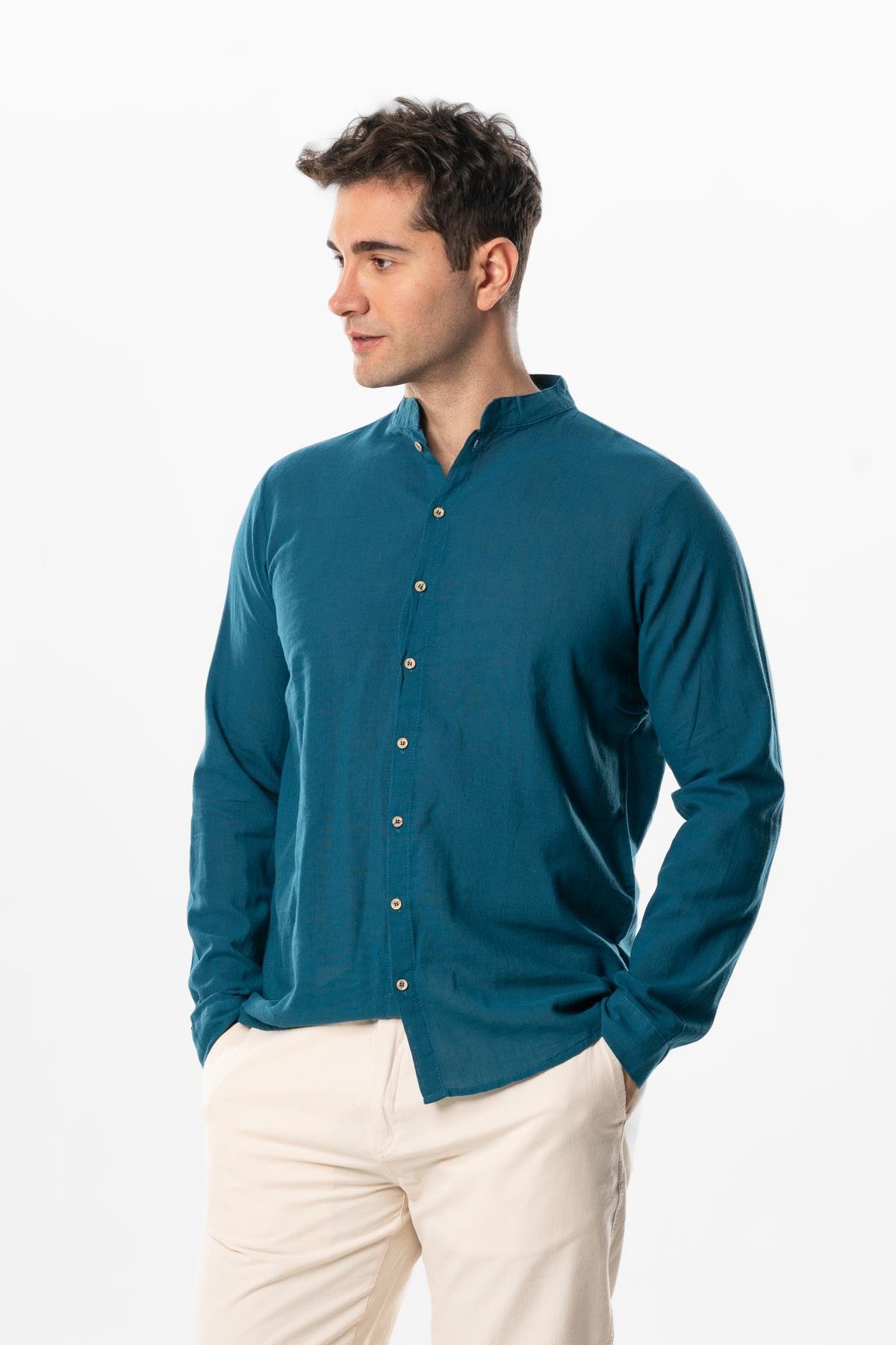 Uzun Kol Poplin Ege Erkek Yazlık Gömlek Petrol Ptrl