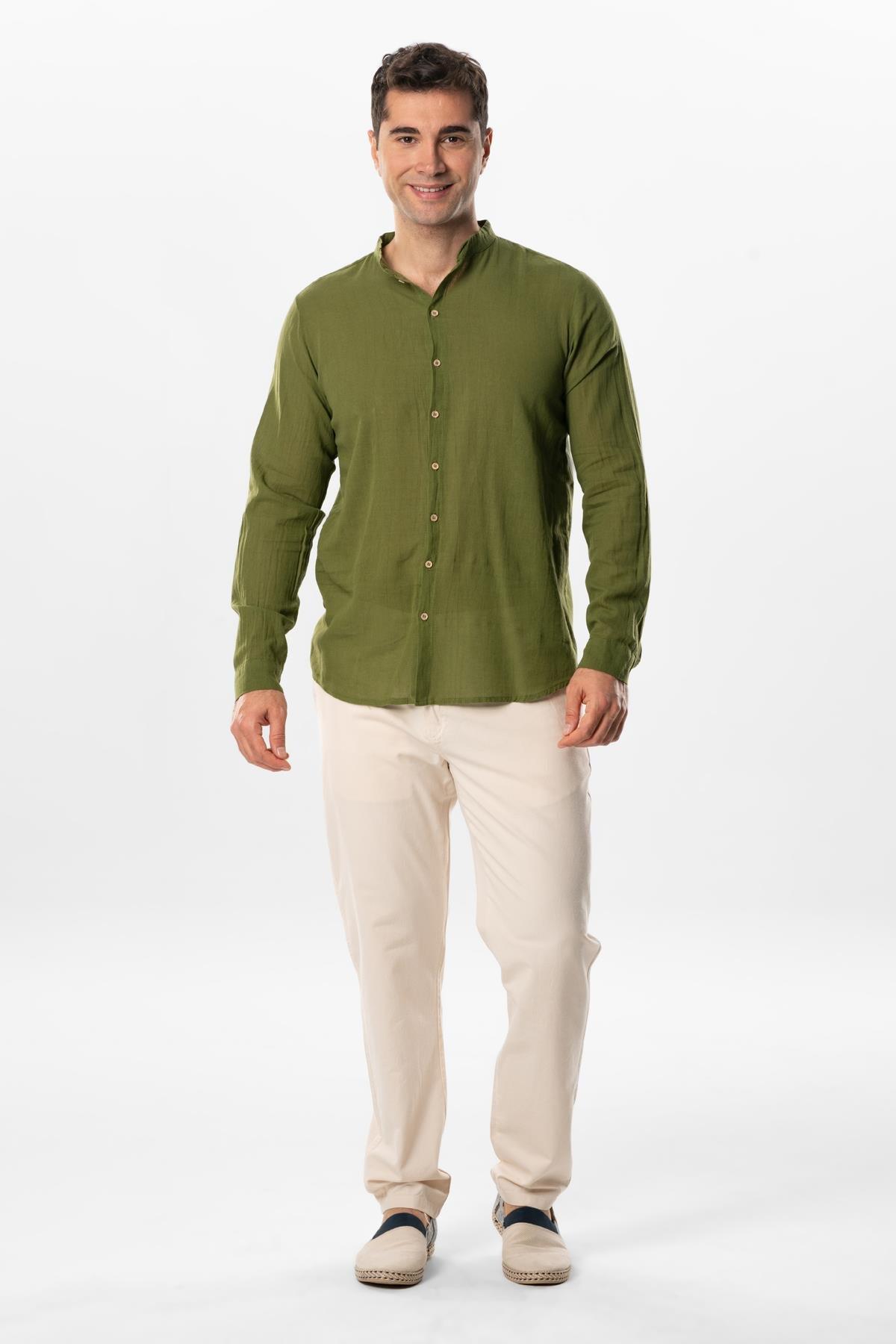 Uzun Kol Poplin Ege Erkek Yazlık Gömlek Haki Hk