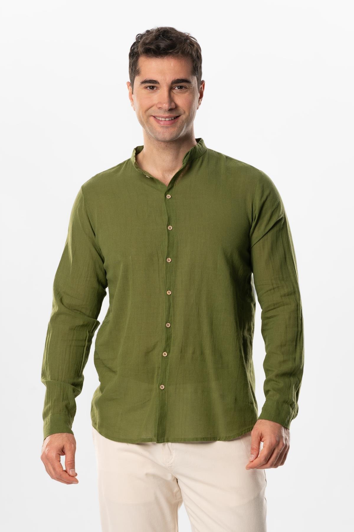Uzun Kol Poplin Ege Erkek Yazlık Gömlek Haki Hk