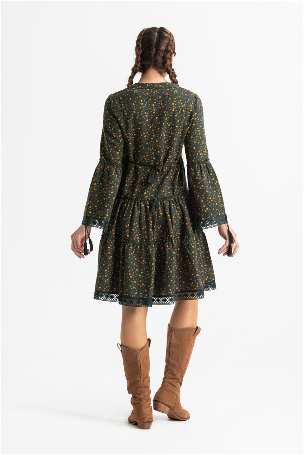 Uzun Kol Seçil Pazen Kısa Elbise Çıtır Desen Haki Hk