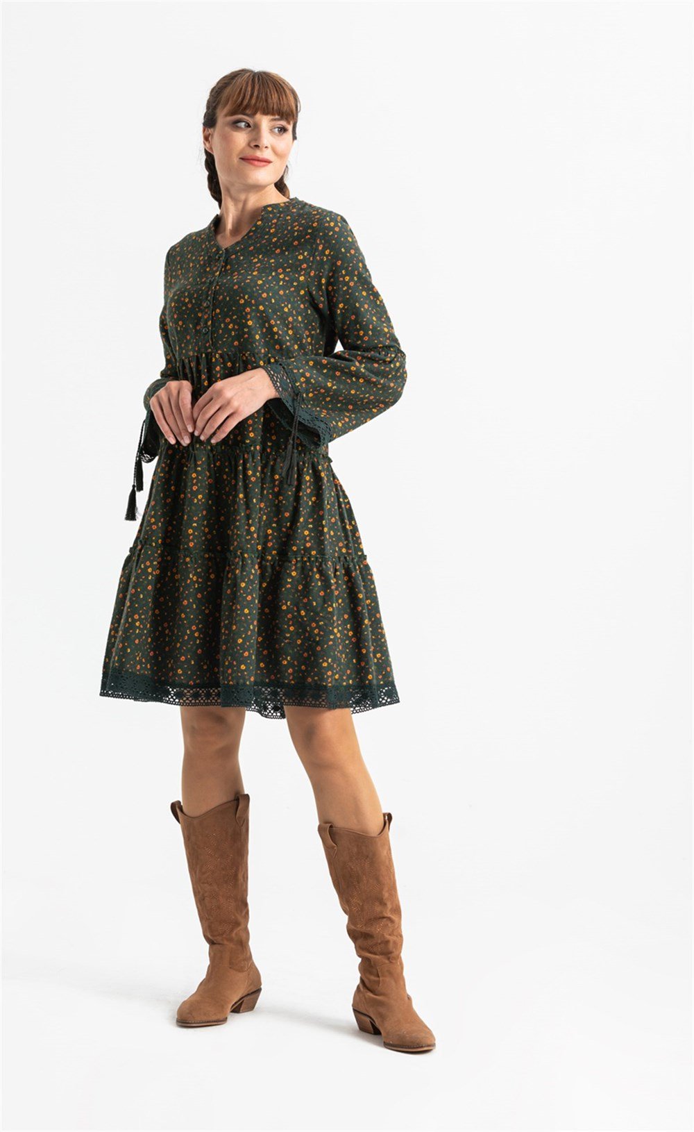 Uzun Kol Seçil Pazen Kısa Elbise Çıtır Desen Haki Hk