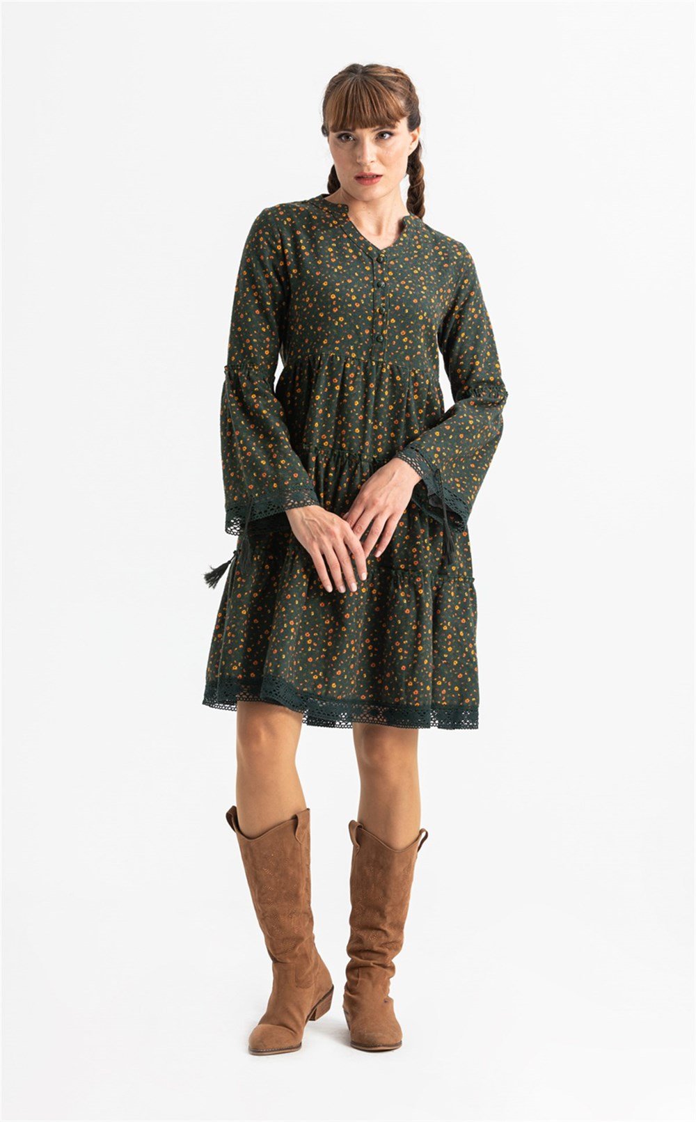 Uzun Kol Seçil Pazen Kısa Elbise Çıtır Desen Haki Hk