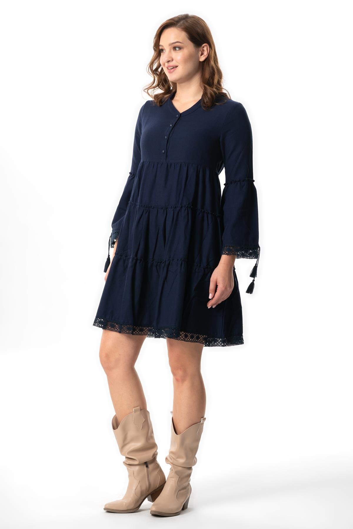 Uzun Kol Seçil Pazen Kısa Sonbahar ve Kışlık Elbise Lacivert Lcvt