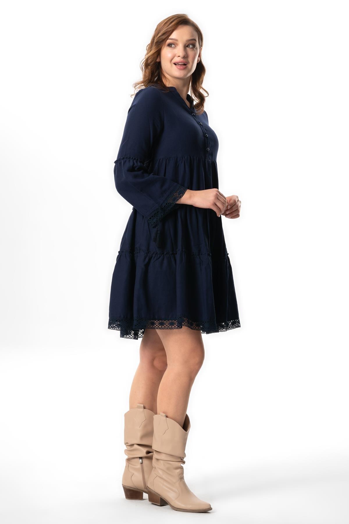 Uzun Kol Seçil Pazen Kısa Sonbahar ve Kışlık Elbise Lacivert Lcvt