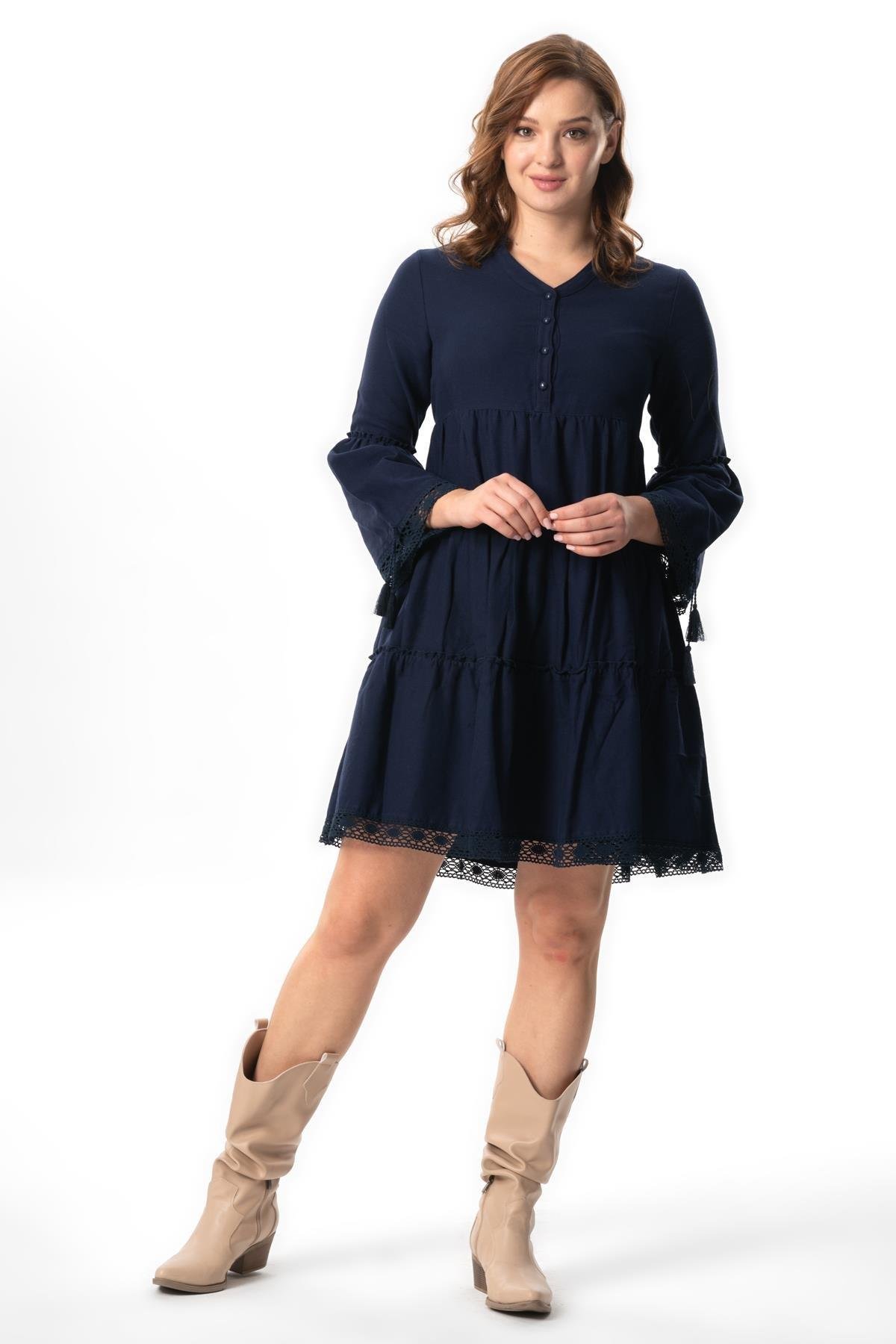 Uzun Kol Seçil Pazen Kısa Sonbahar ve Kışlık Elbise Lacivert Lcvt