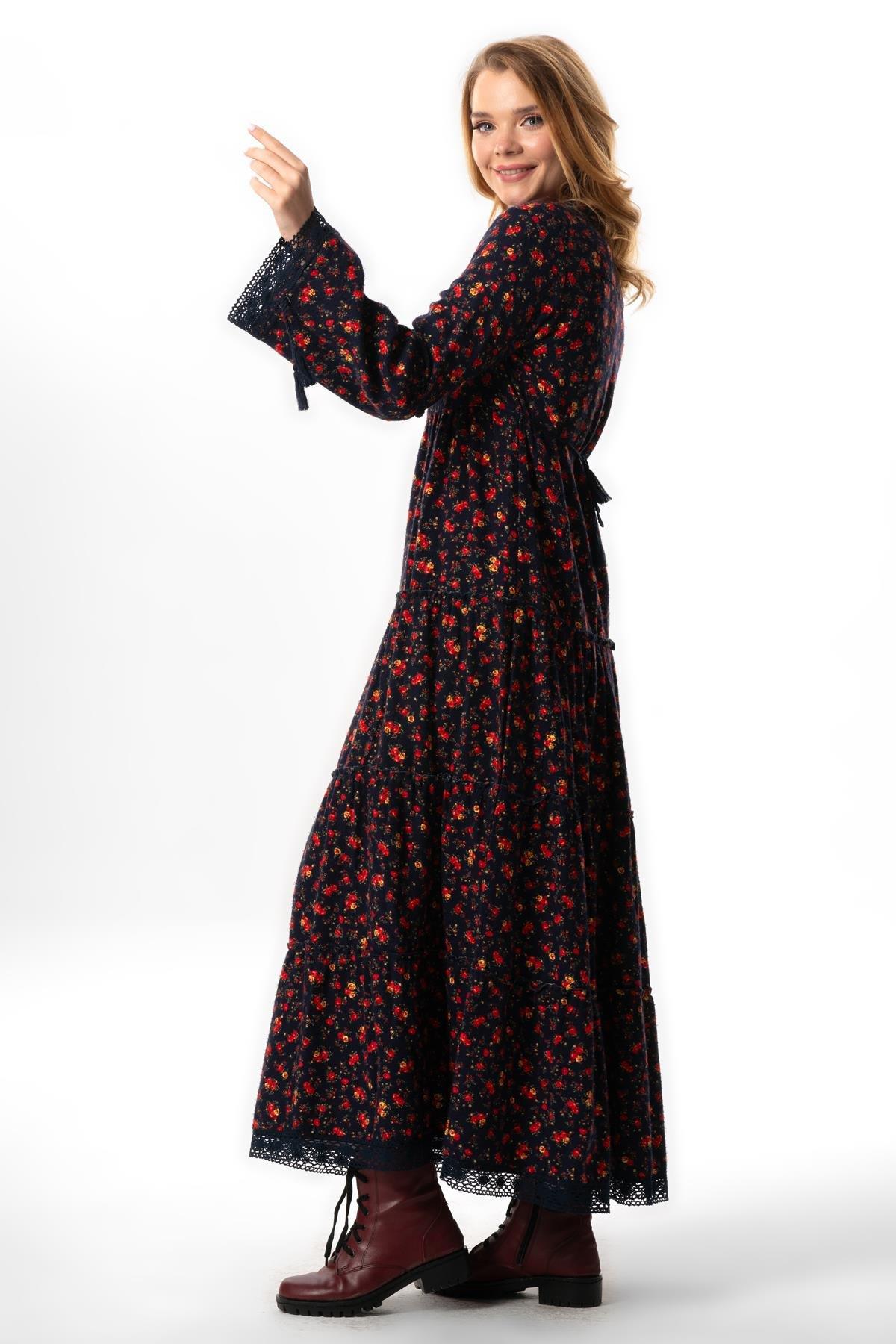 Uzun Kol Seçil Pazen Sonbahar ve Kışlık Uzun Elbise Gül Desen Lacivert Lcvt