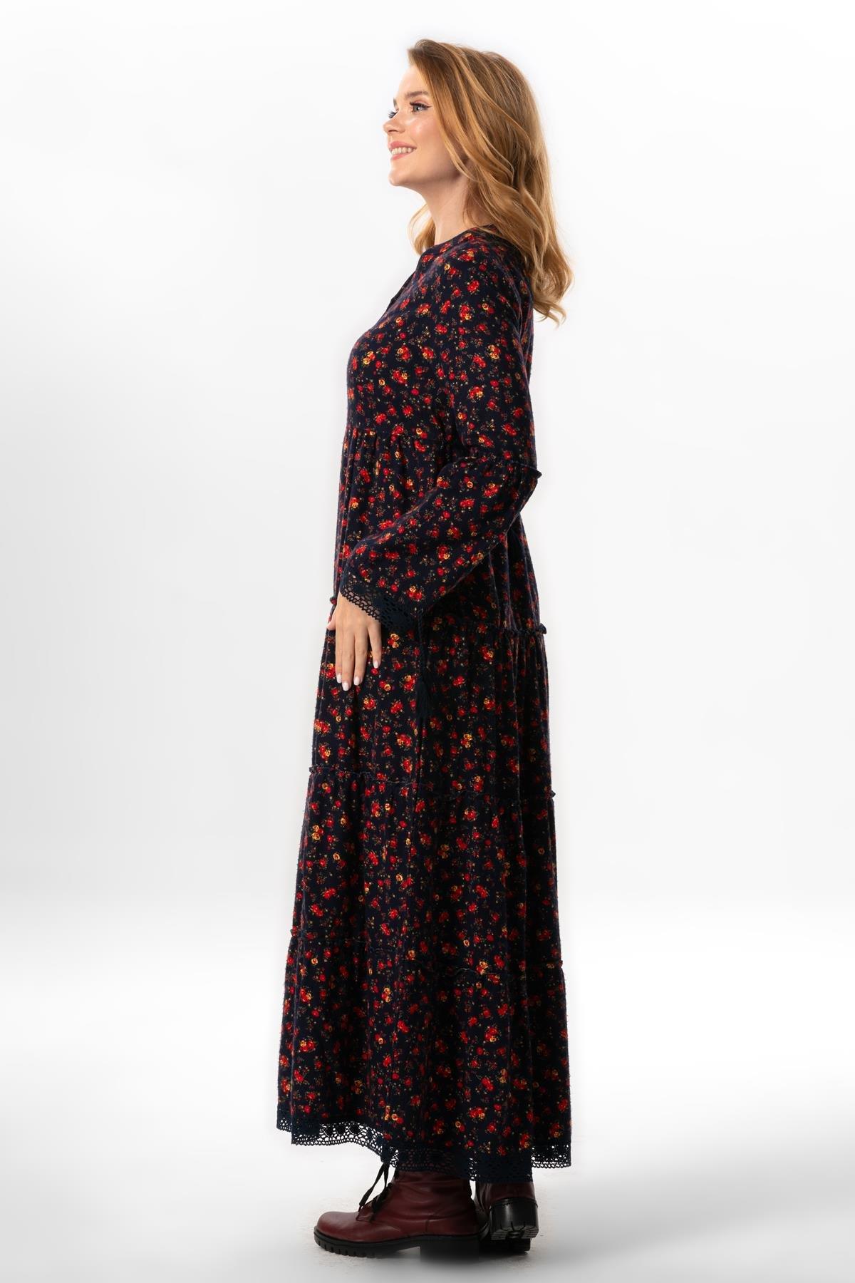 Uzun Kol Seçil Pazen Sonbahar ve Kışlık Uzun Elbise Gül Desen Lacivert Lcvt