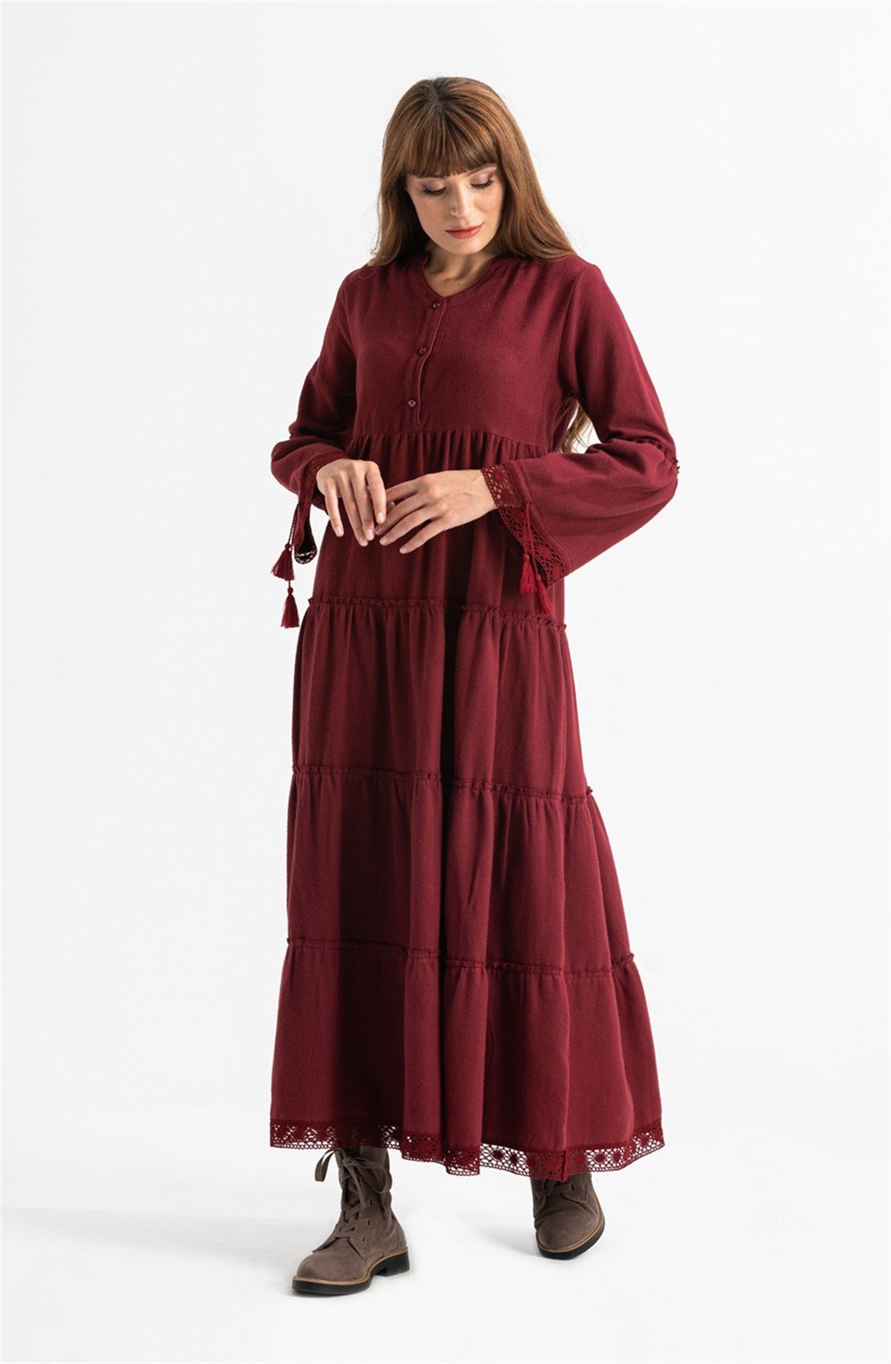 Uzun Kol Seçil Pazen Uzun Elbise Bordo Brd