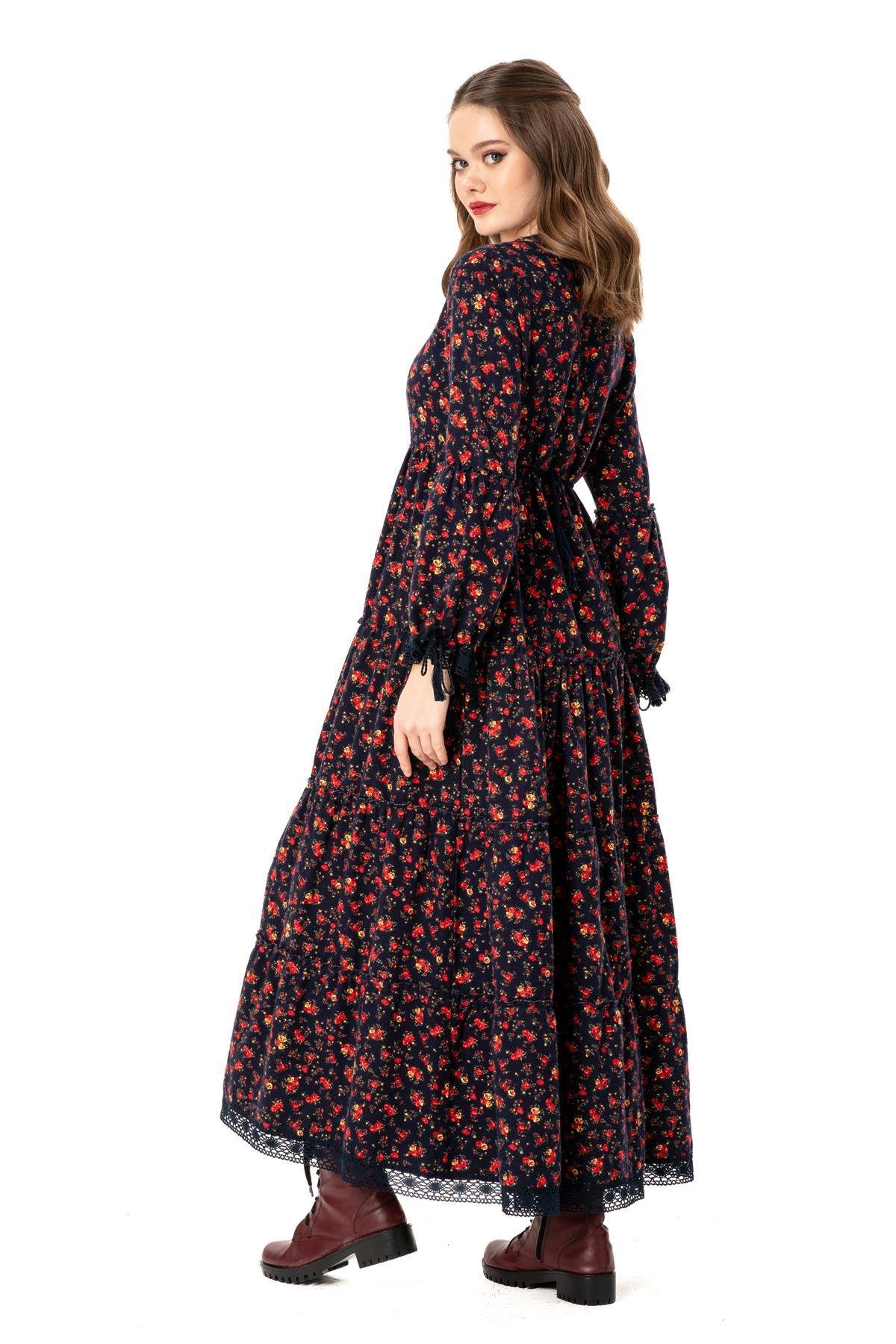 Uzun Kol Seçil Pazen Uzun Sonbahar ve Kışlık Elbise Gül Desen Lacivert Lcvt