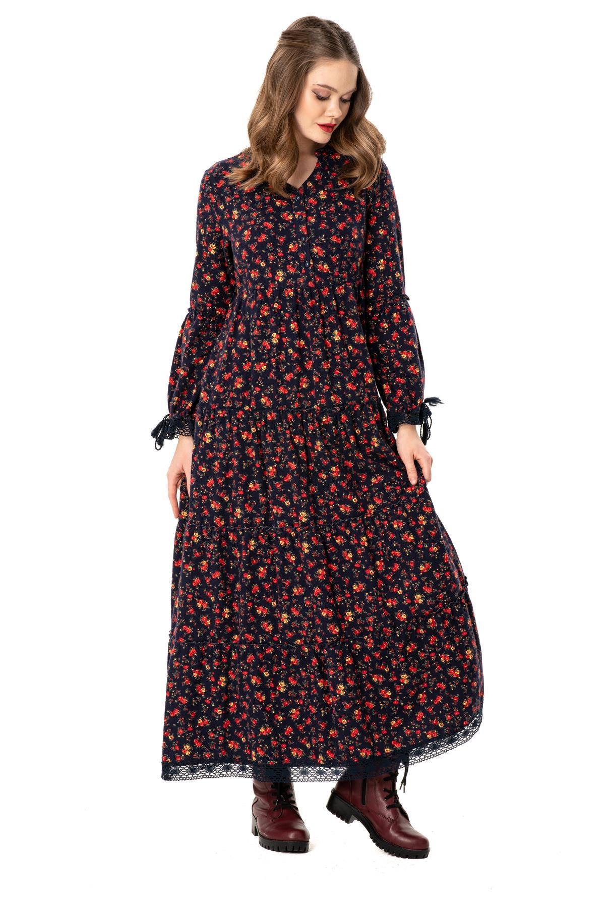 Uzun Kol Seçil Pazen Uzun Sonbahar ve Kışlık Elbise Gül Desen Lacivert Lcvt