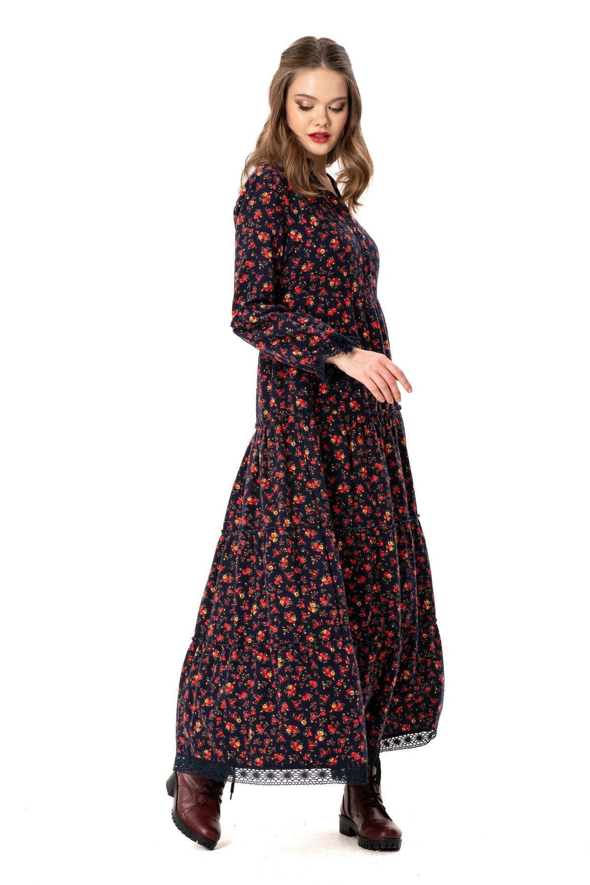 Uzun Kol Seçil Pazen Uzun Sonbahar ve Kışlık Elbise Gül Desen Lacivert Lcvt