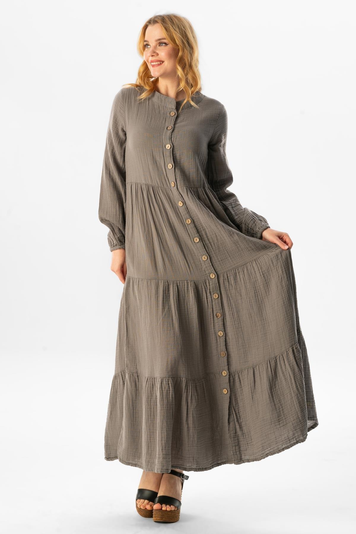 Uzun Kol Sezen Mevsimlik Müslin Ferace Gri Gri