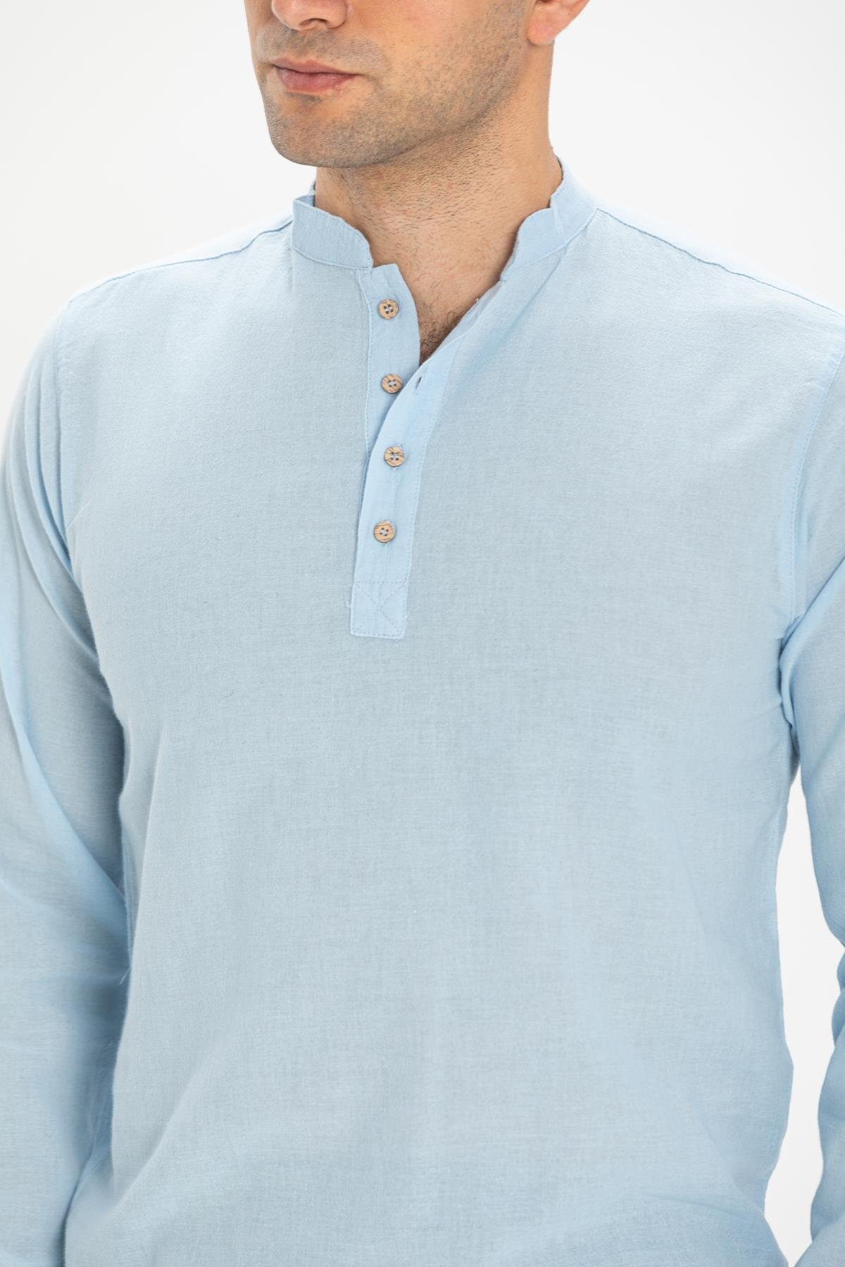 Uzun Kol Şile Bezi Bodrum Erkek T-Shirt Buz Mavi Bmv