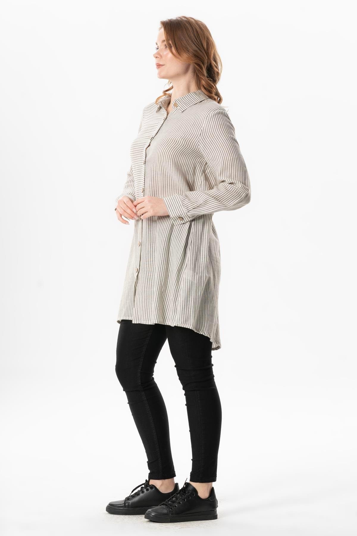 Uzun Kol Şile Bezi Erva Mevsimlik Gömlek Krem Çizgili Krmsyh