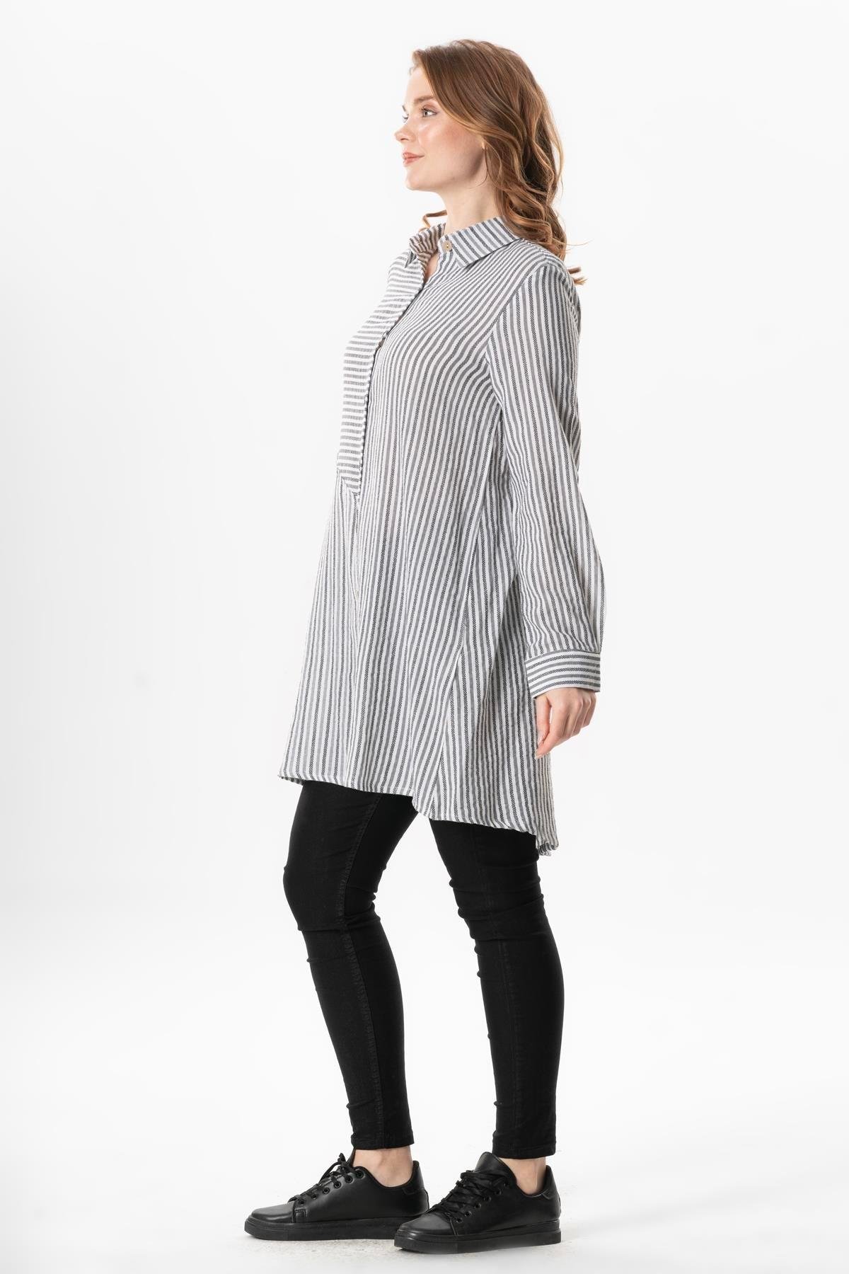 Uzun Kol Şile Bezi Erva Mevsimlik Gömlek Siyah Çizgili Syhbyz