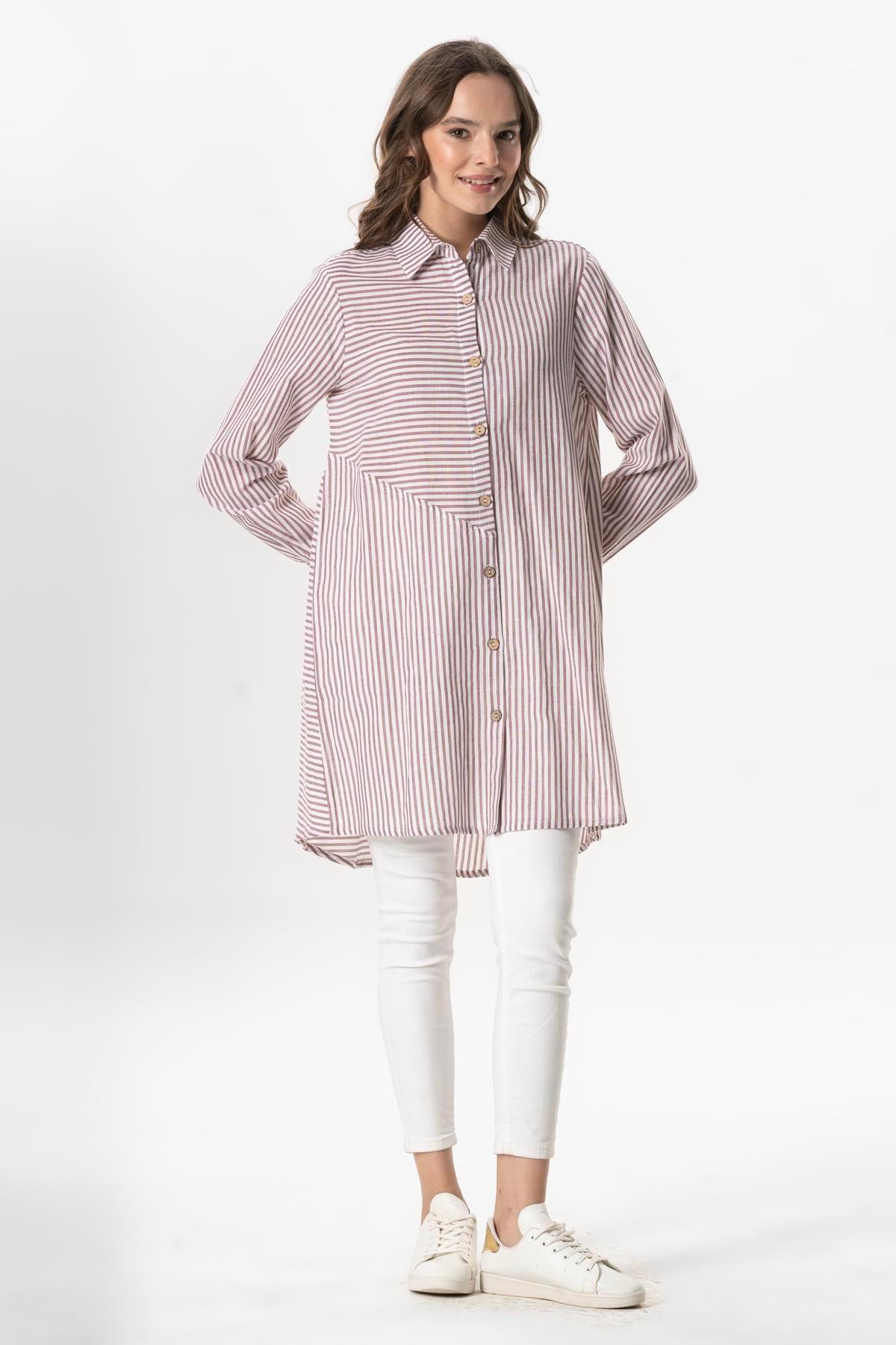 Uzun Kol Şile Bezi Erva Mevsimlik Gömlek Bordo Çizgili Brdbyz