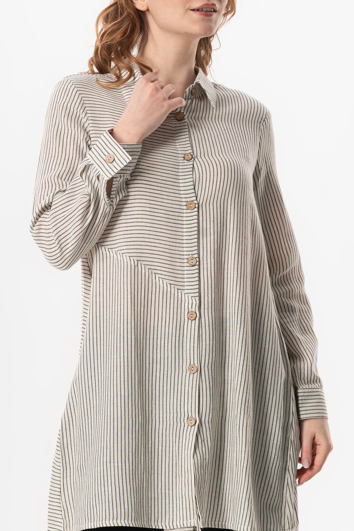 Uzun Kol Şile Bezi Erva Mevsimlik Gömlek Krem Çizgili Krmsyh