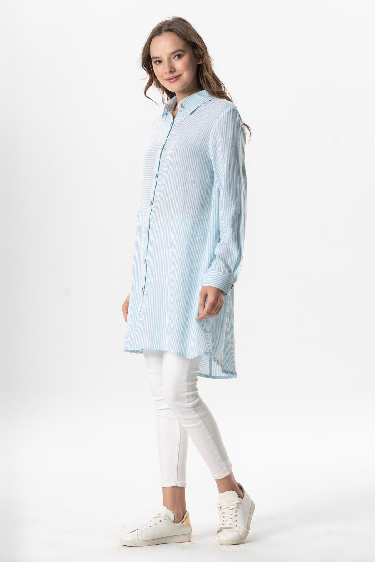 Uzun Kol Şile Bezi Erva Mevsimlik Gömlek Mavi Çizgili Mvbyz