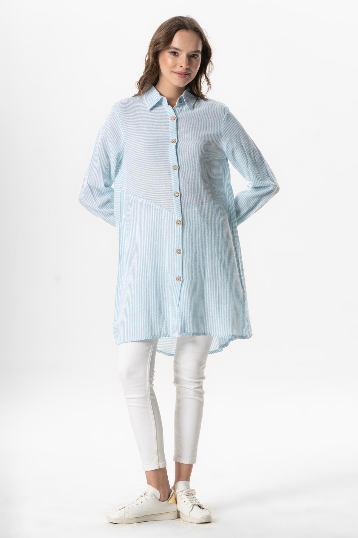 Uzun Kol Şile Bezi Erva Mevsimlik Gömlek Mavi Çizgili Mvbyz