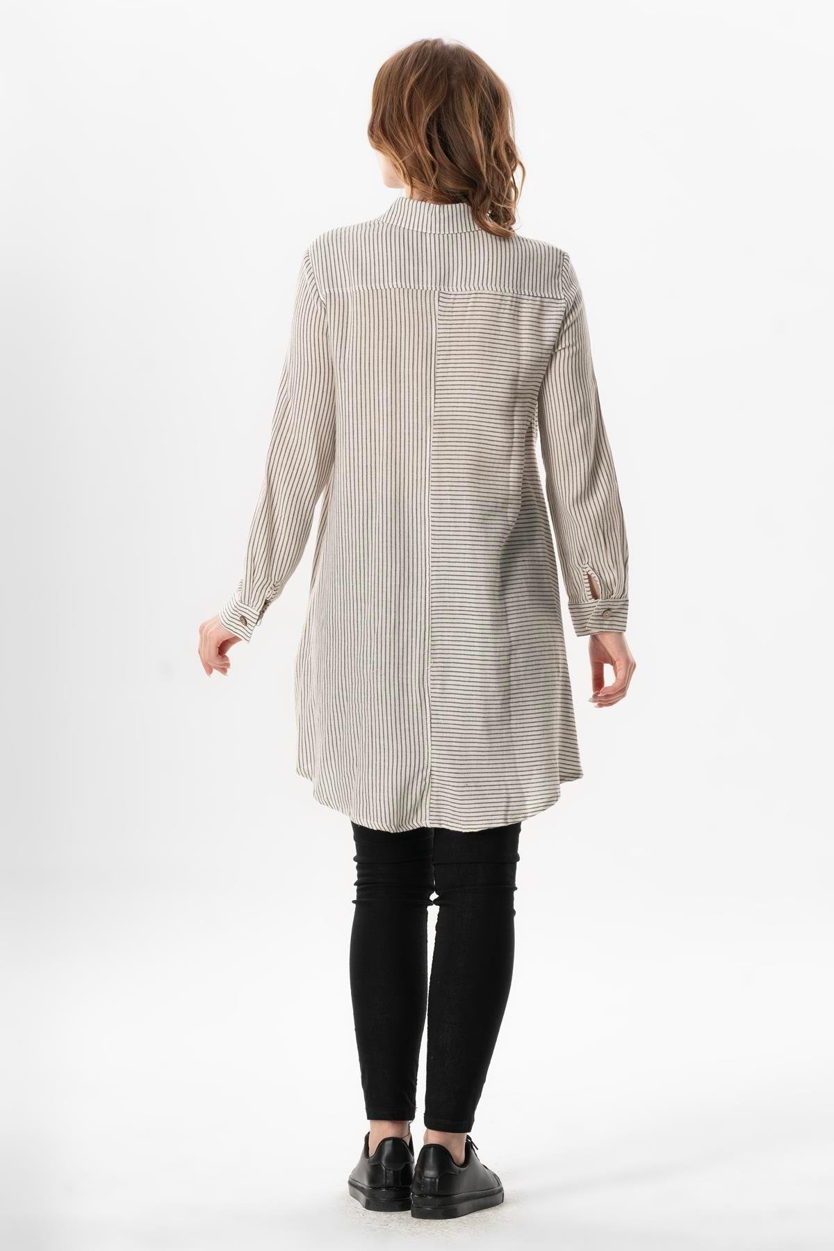 Uzun Kol Şile Bezi Erva Mevsimlik Gömlek Krem Çizgili Krmsyh