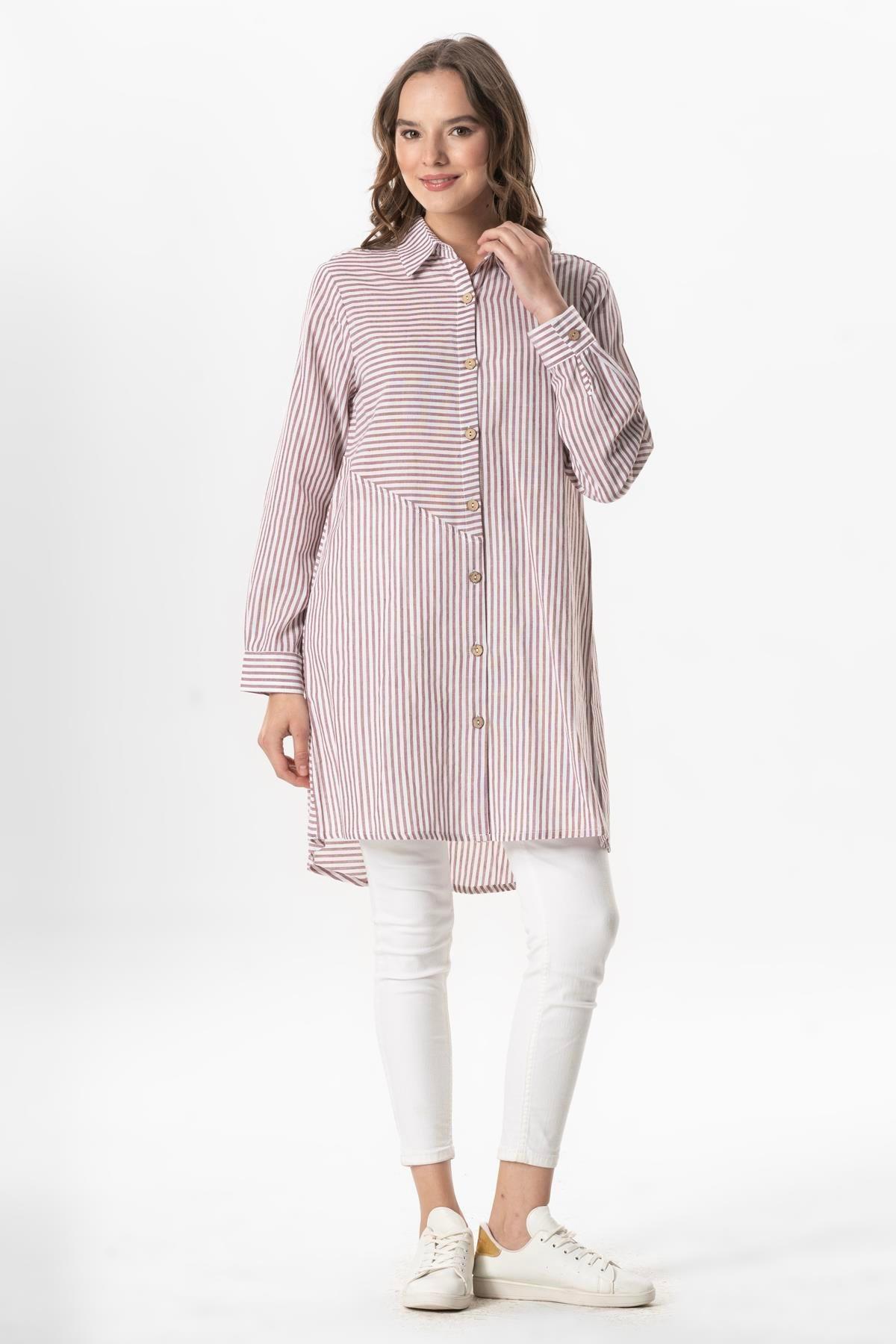 Uzun Kol Şile Bezi Erva Mevsimlik Gömlek Bordo Çizgili Brdbyz