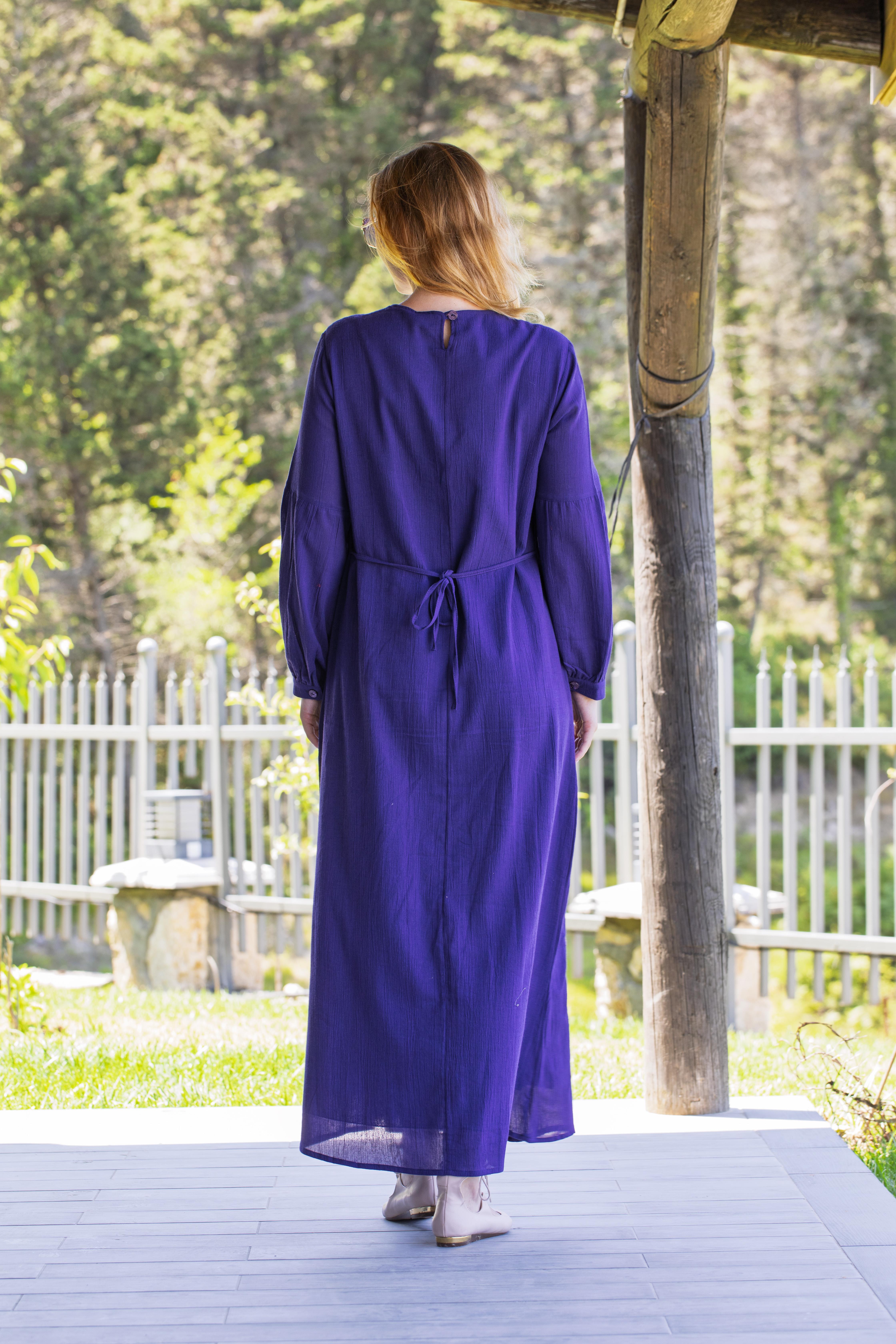 Uzun Kol Şile Bezi Gülşah Bisiklet Yaka Nakışlı Uzun Yazlık Elbise Mor Mor