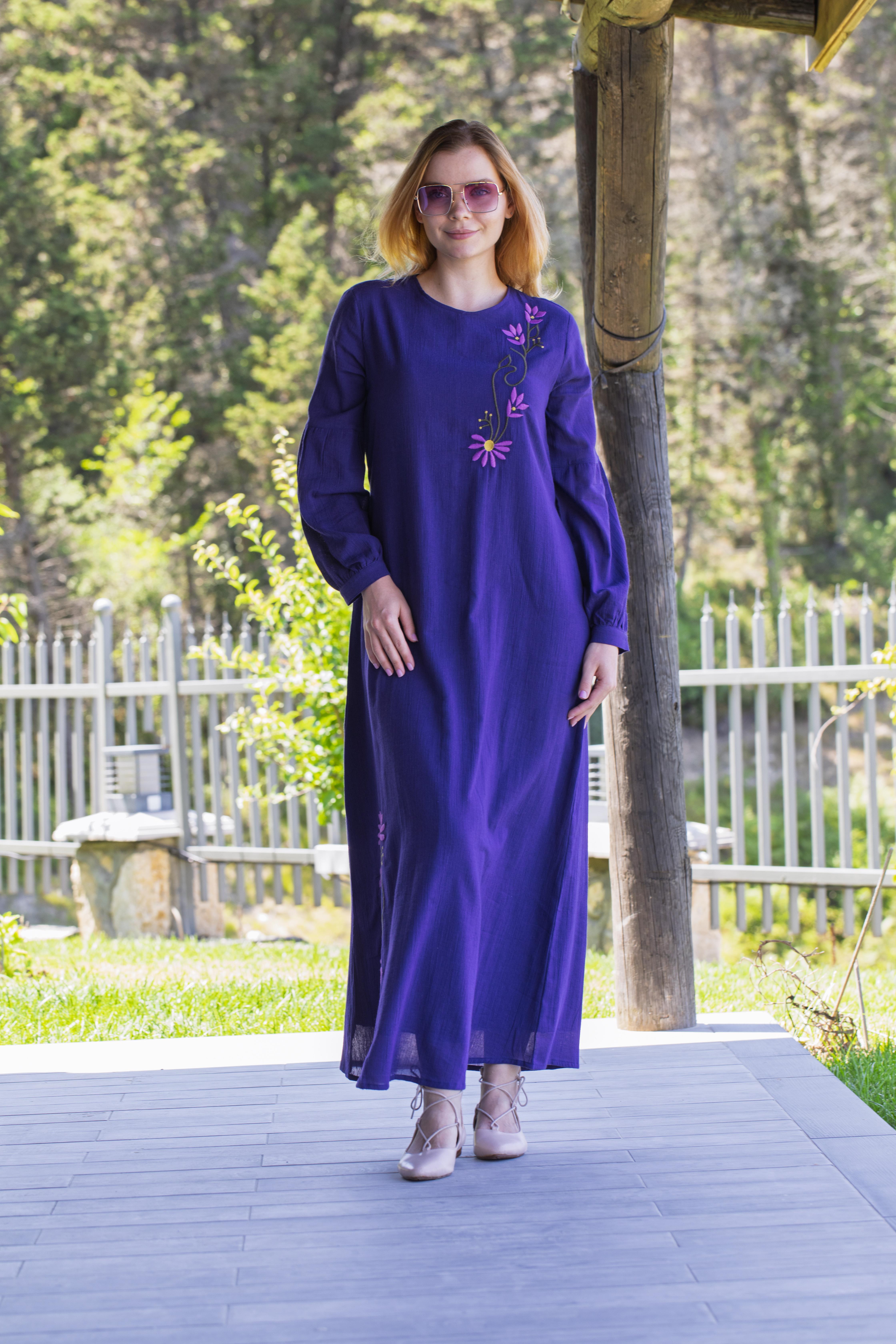 Uzun Kol Şile Bezi Gülşah Bisiklet Yaka Nakışlı Uzun Yazlık Elbise Mor Mor