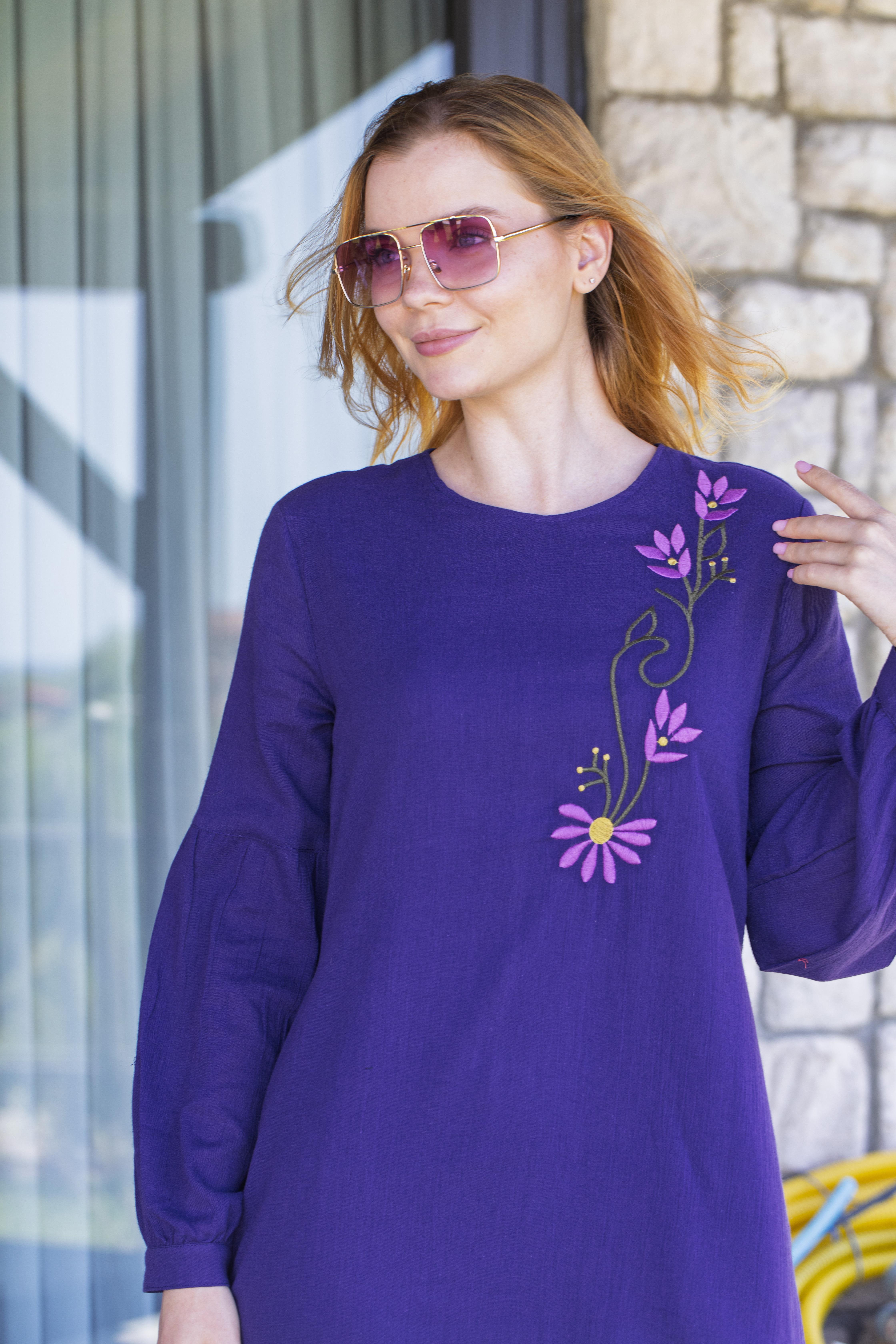 Uzun Kol Şile Bezi Gülşah Bisiklet Yaka Nakışlı Uzun Yazlık Elbise Mor Mor