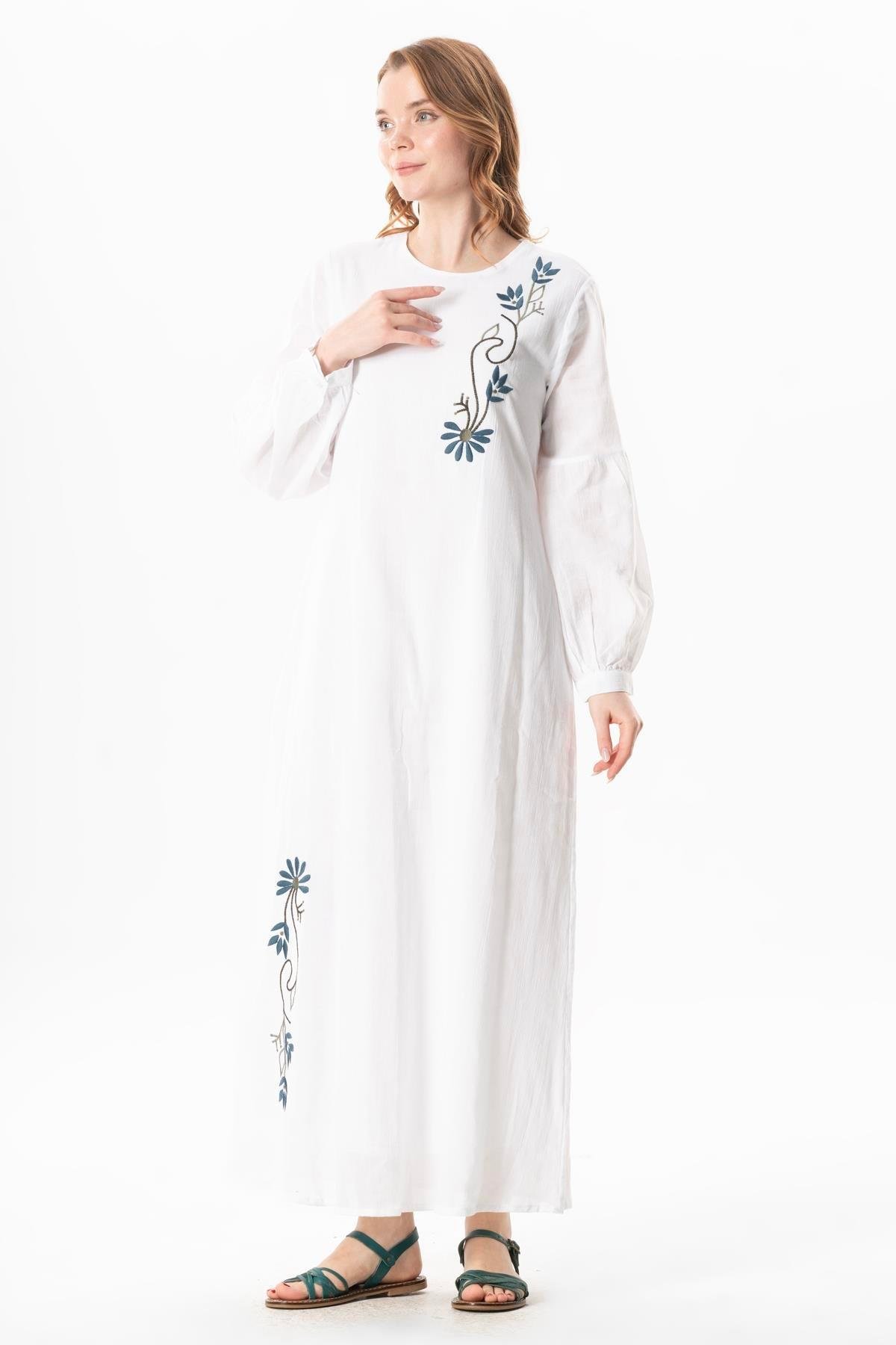 Uzun Kol Şile Bezi Gülşah Bisiklet Yaka Nakışlı Uzun Yazlık Elbise Beyaz Byz