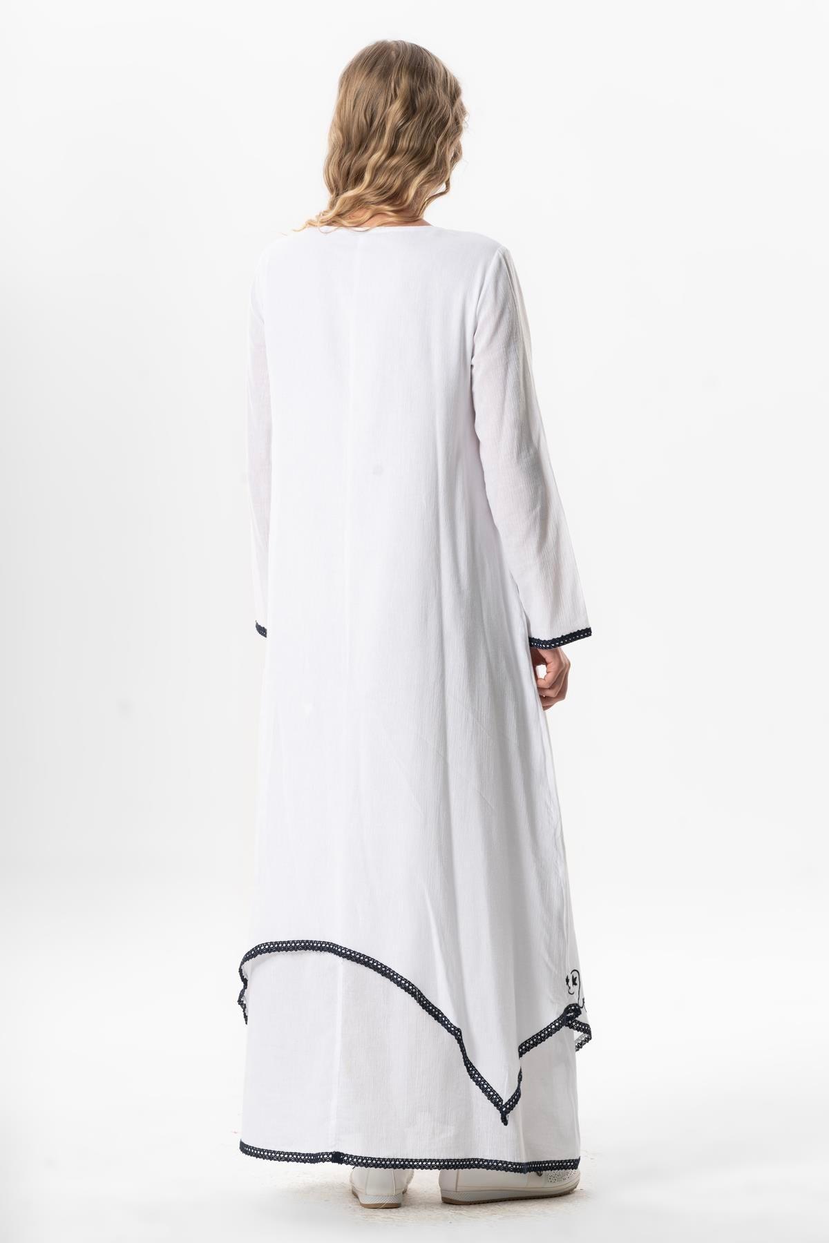 Uzun Kol Şile Bezi Lerzan Oval Yaka Nakışlı Yazlık Elbise Beyaz Byz