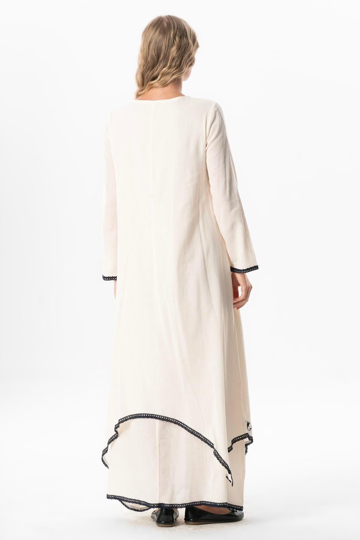 Uzun Kol Şile Bezi Lerzan Oval Yaka Nakışlı Yazlık Elbise Krem Krm