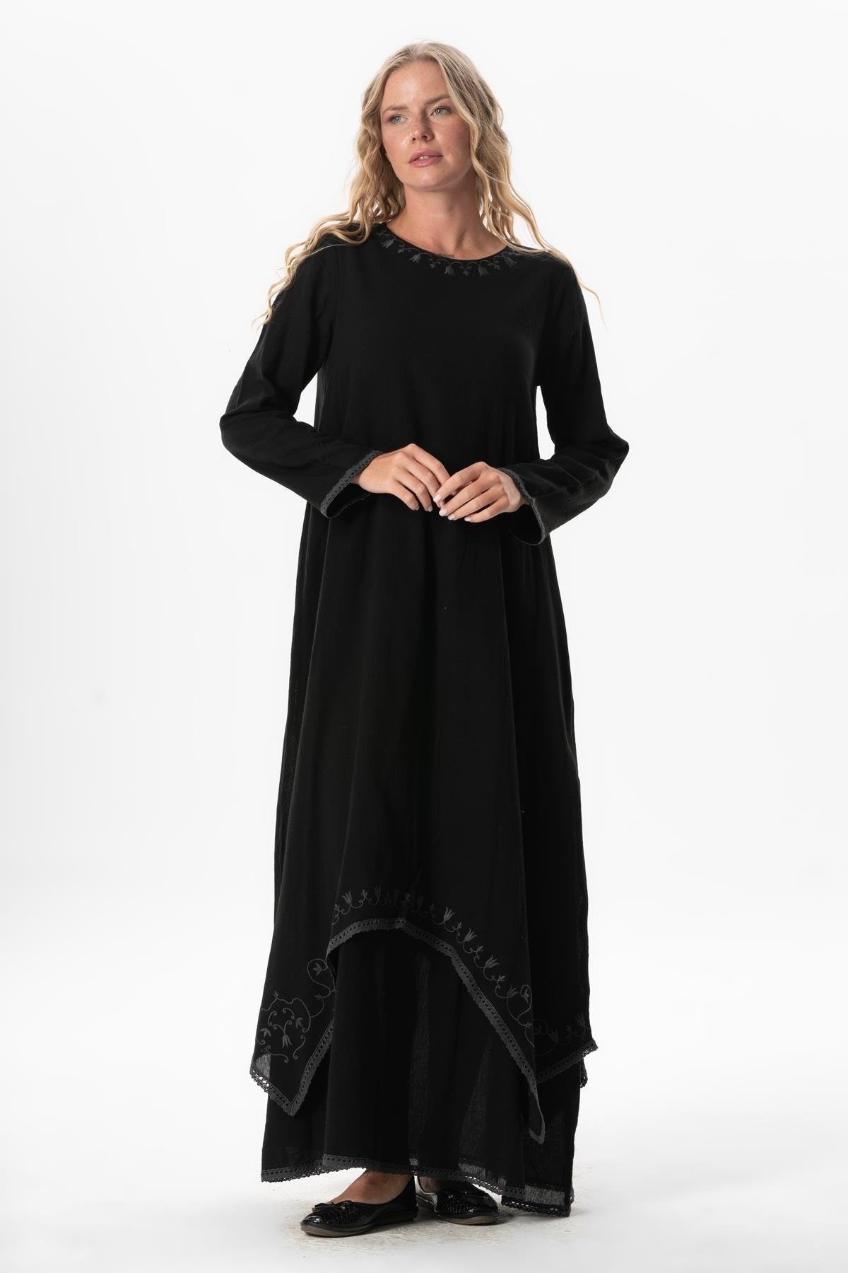 Uzun Kol Şile Bezi Lerzan Oval Yaka Nakışlı Yazlık Elbise Siyah Syh