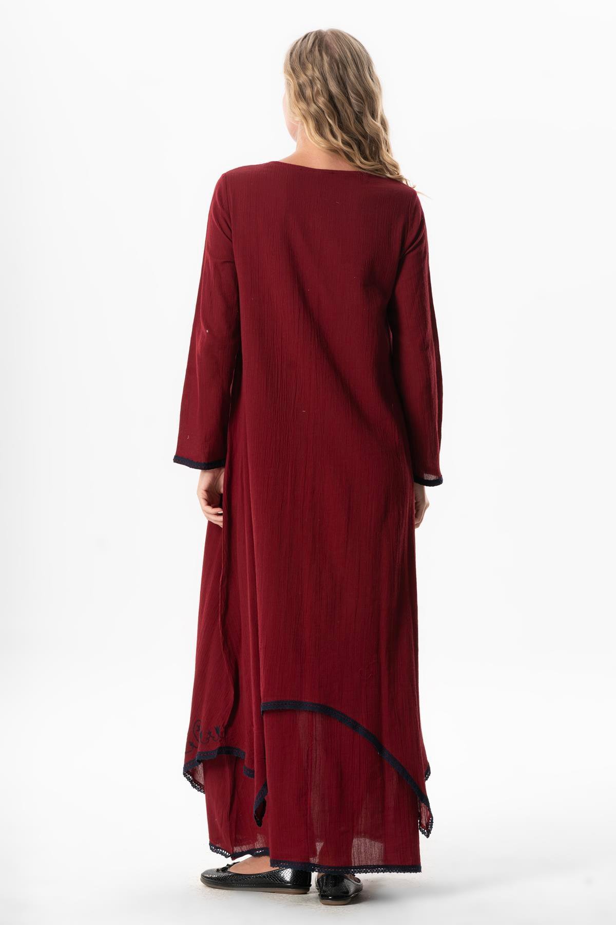 Uzun Kol Şile Bezi Lerzan Oval Yaka Nakışlı Yazlık Elbise Bordo Brd