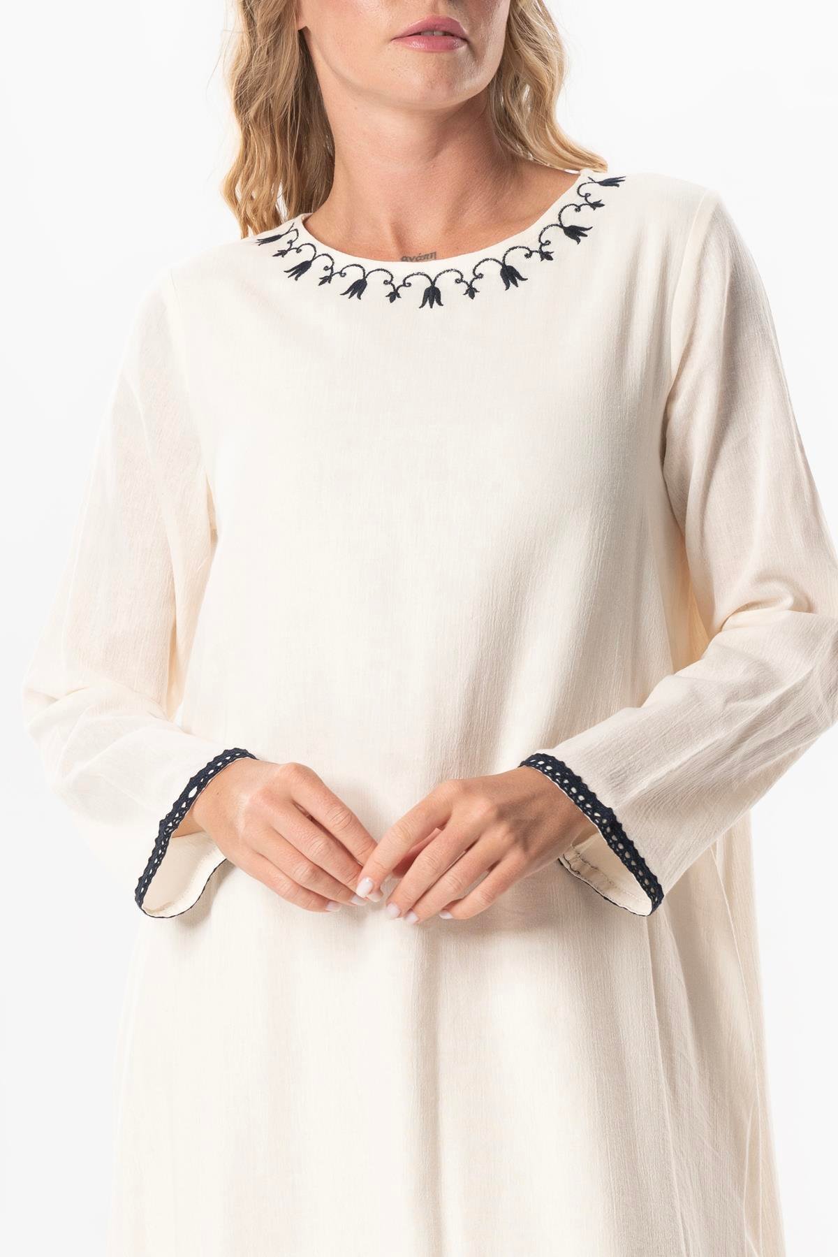 Uzun Kol Şile Bezi Lerzan Oval Yaka Nakışlı Yazlık Elbise Krem Krm