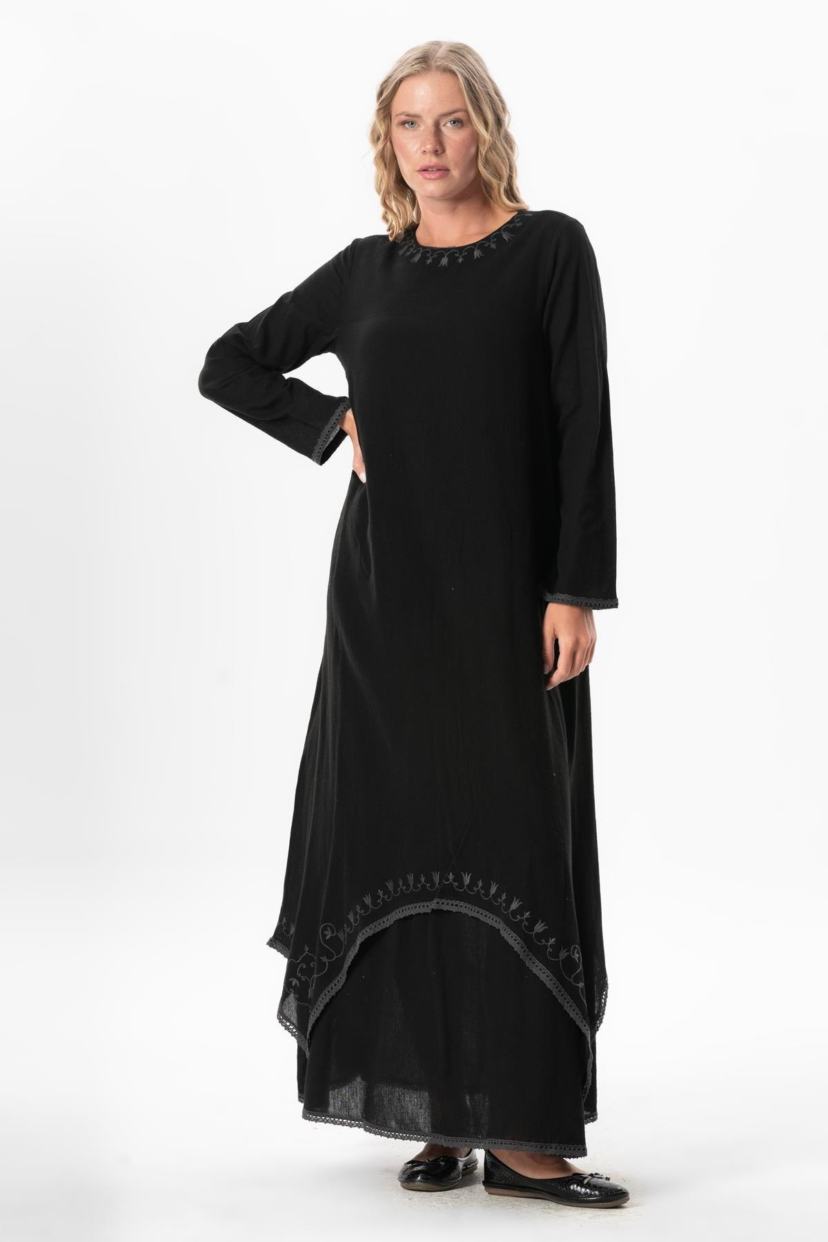 Uzun Kol Şile Bezi Lerzan Oval Yaka Nakışlı Yazlık Elbise Siyah Syh