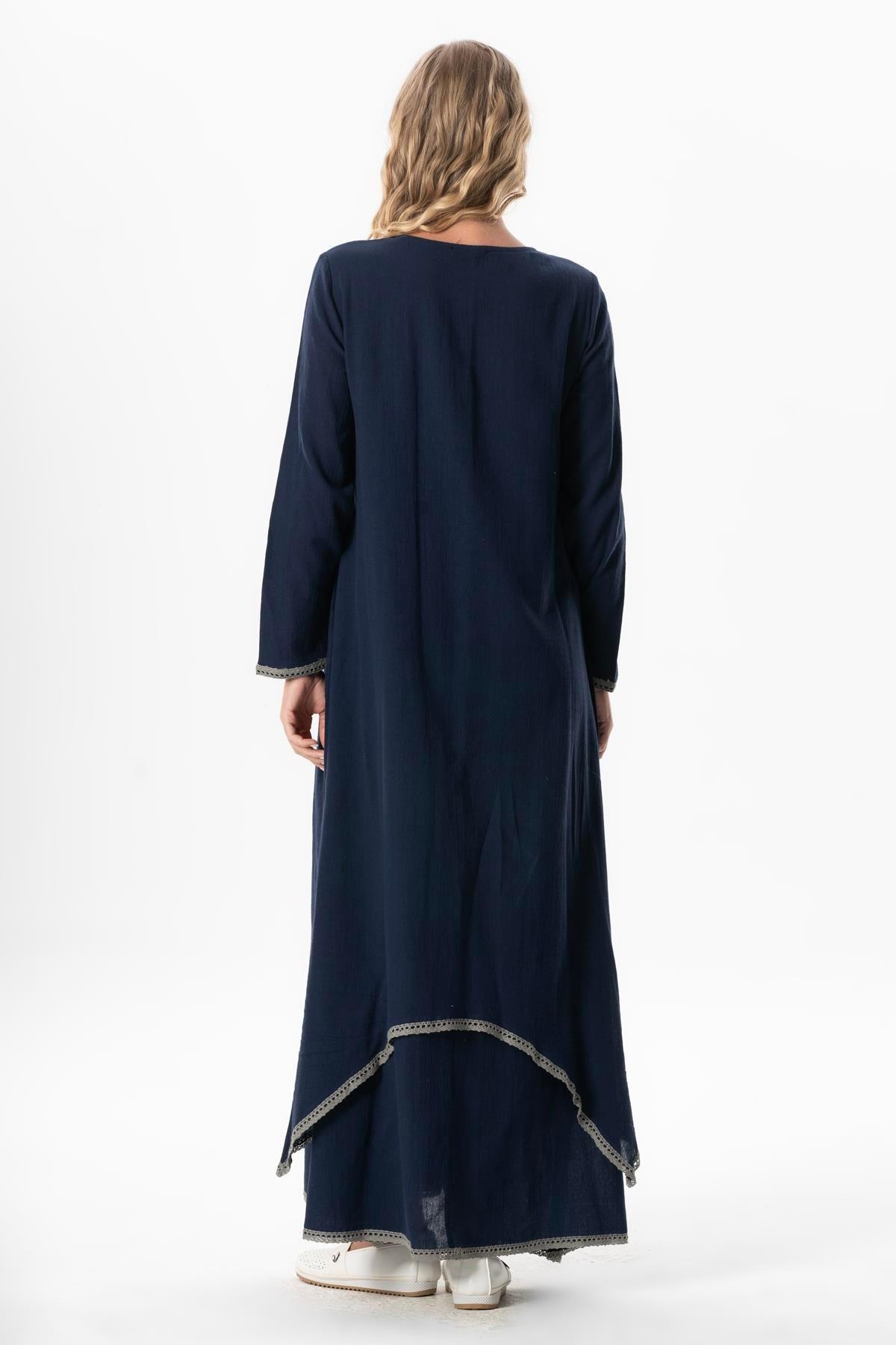 Uzun Kol Şile Bezi Lerzan Oval Yaka Nakışlı Yazlık Elbise Lacivert Lcvt