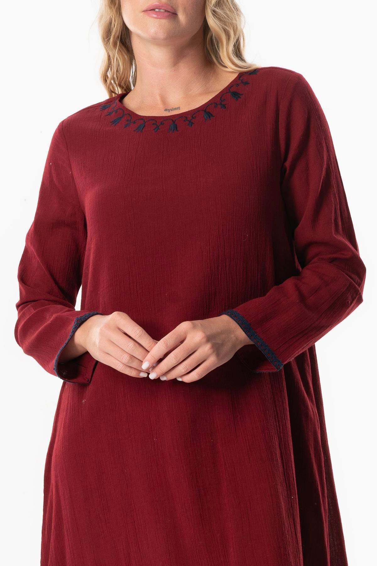 Uzun Kol Şile Bezi Lerzan Oval Yaka Nakışlı Yazlık Elbise Bordo Brd