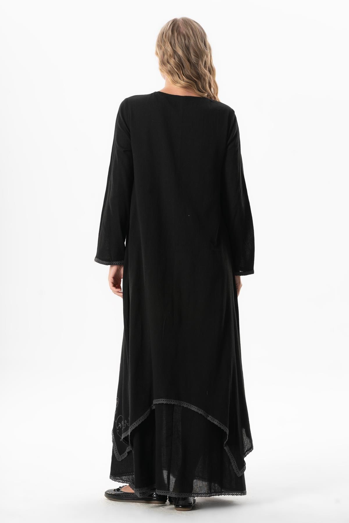 Uzun Kol Şile Bezi Lerzan Oval Yaka Nakışlı Yazlık Elbise Siyah Syh