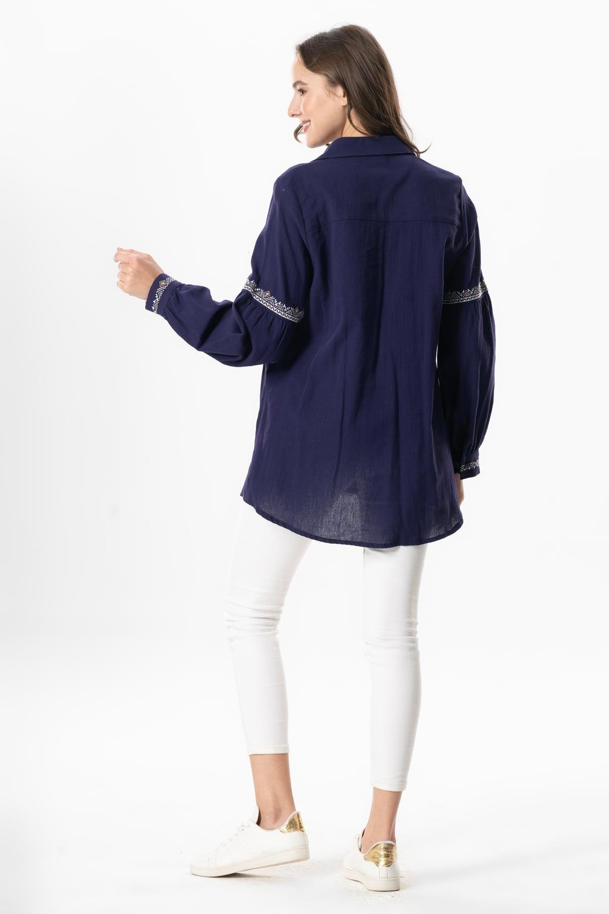 Uzun Kol Şile Bezi Maviş Nakış İşlemeli Yazlık Gömlek Mor Mor