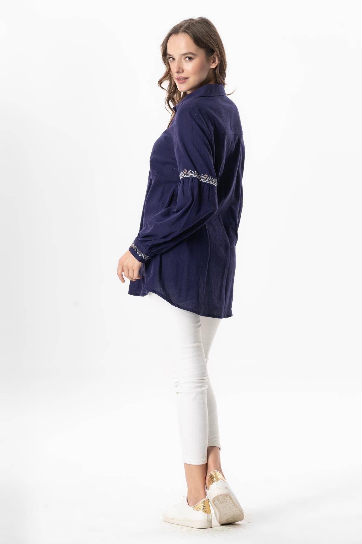 Uzun Kol Şile Bezi Maviş Nakış İşlemeli Yazlık Gömlek Mor Mor