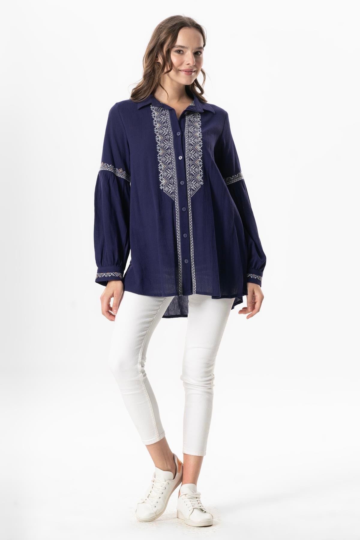 Uzun Kol Şile Bezi Maviş Nakış İşlemeli Yazlık Gömlek Mor Mor